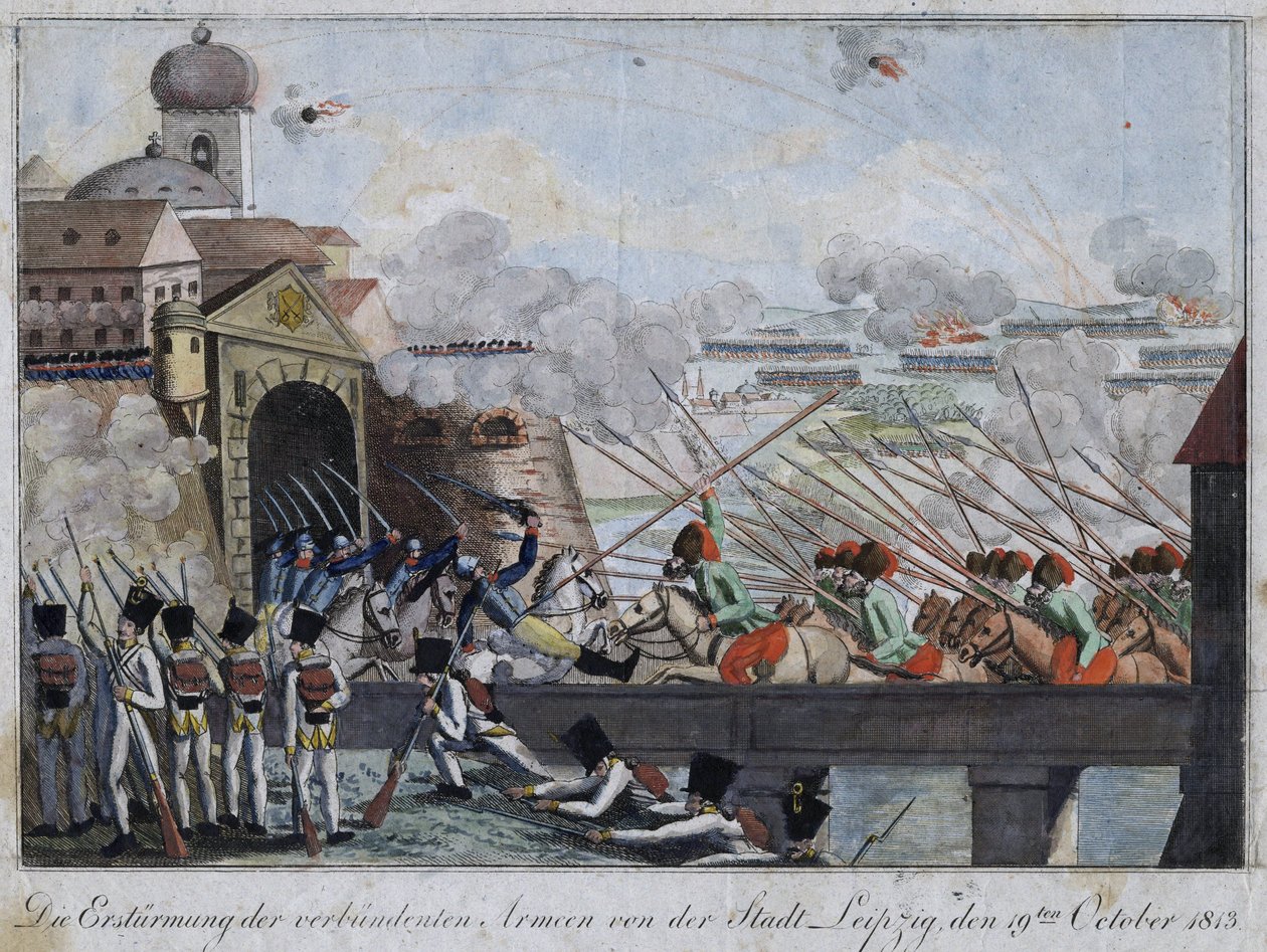 Storming av byen Leipzig av de allierte troppene - bataille de Leipzig ou bataille des nations (16-19 oktober 1813) - Anonym - 1813 - Etsning, akvarell - 33,3x27 - Privat samling av Anonymous Anonymous