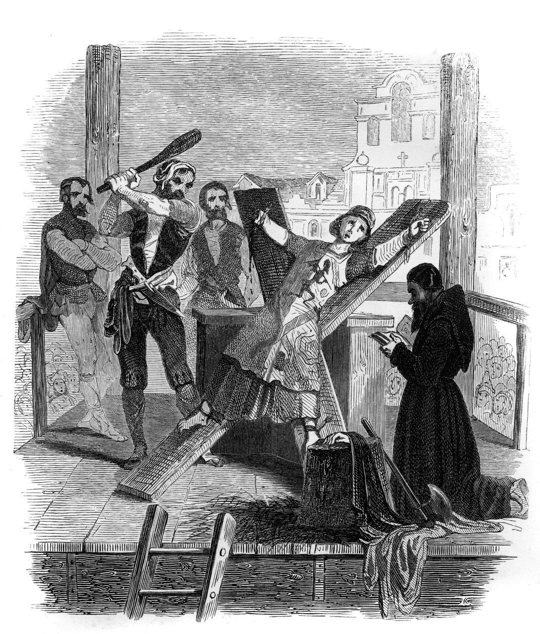 Tortur av hjulet - Breaking wheel - illustrasjon i "" Mysteries of the Inquisition and other Secret Societies of Spain"" Av Victor de Feral, Suberwick, Manuel Galo de Cuendias. Utgitt av P. Boizard av Anonymous Anonymous