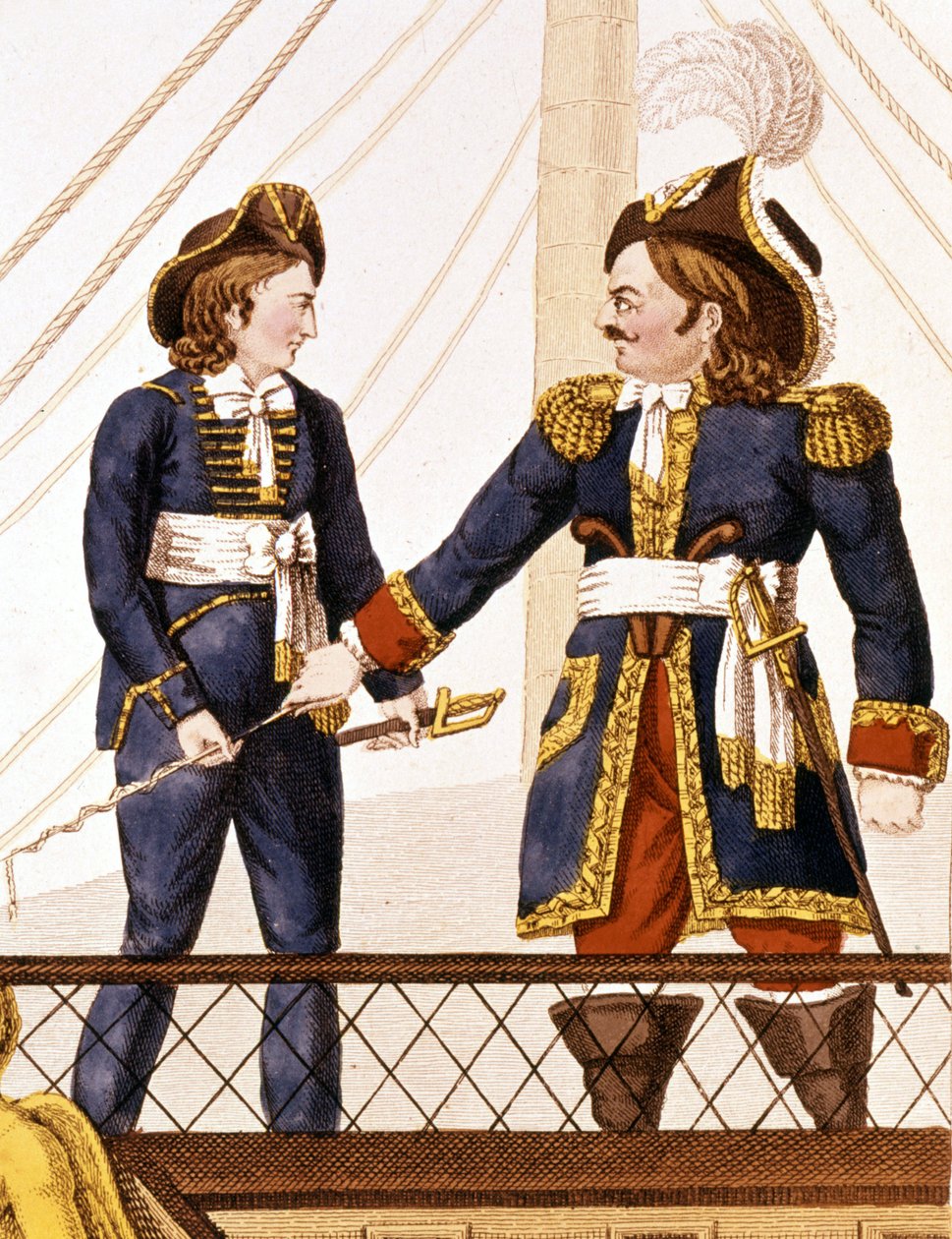 Surcouf ombord på båten hans Emile. Populær gravering, tidlig 1800-tall, , Paris av Anonymous Anonymous