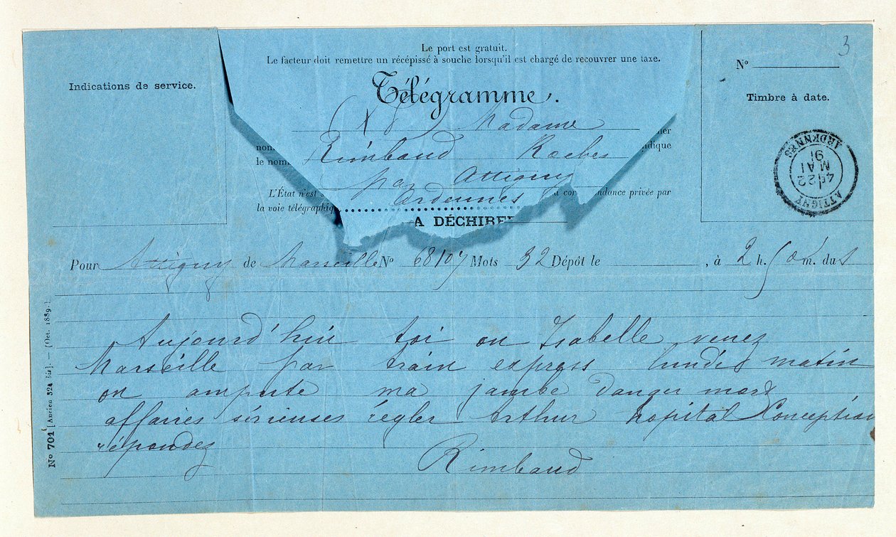 Telegram fra Rimbaud til moren hans, Marseille, 22. mai av Anonymous Anonymous