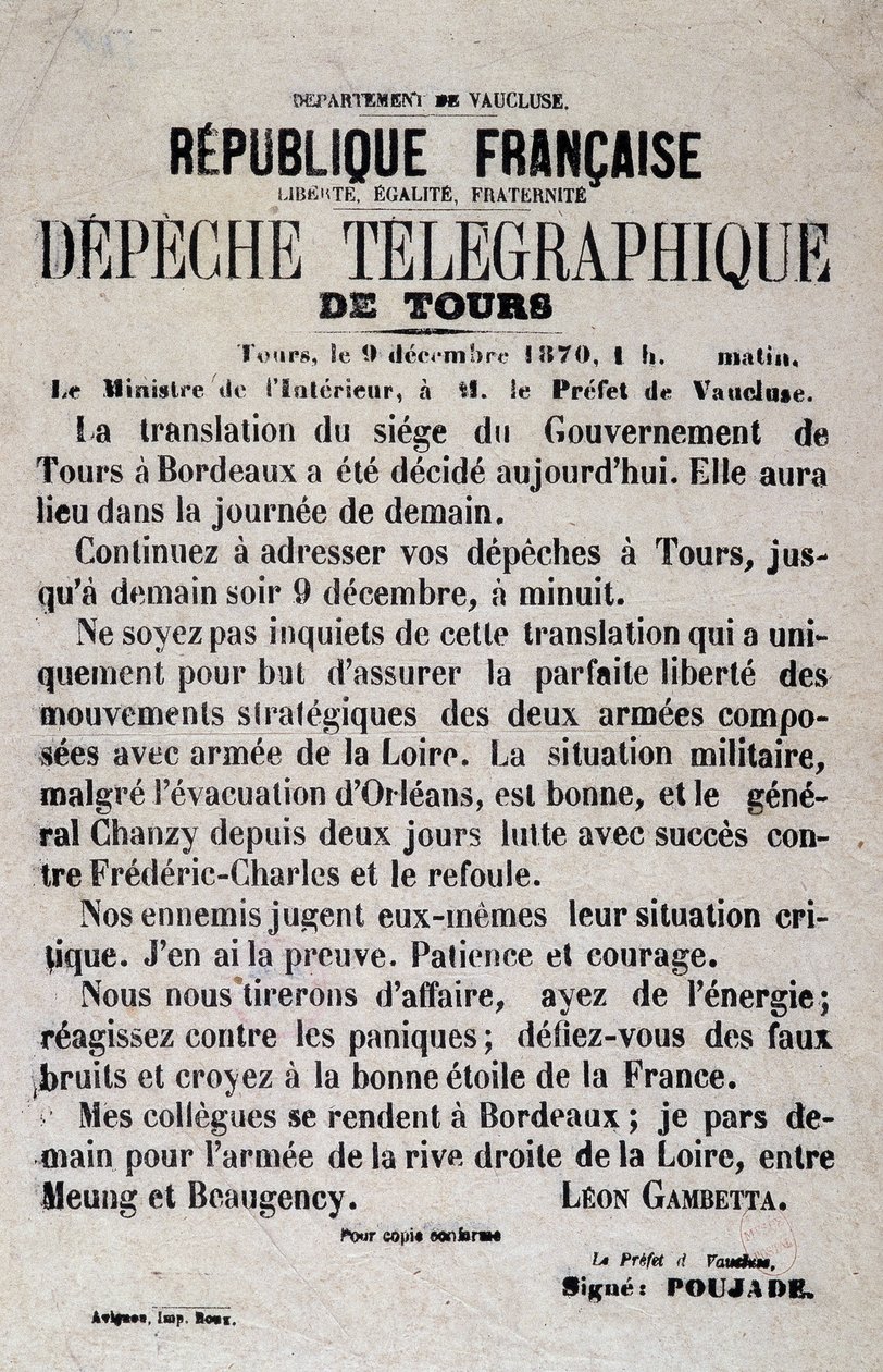 Telegrafiske nyheter om Tours of 9/12/1870 av Léon Gambetta. av Anonymous Anonymous