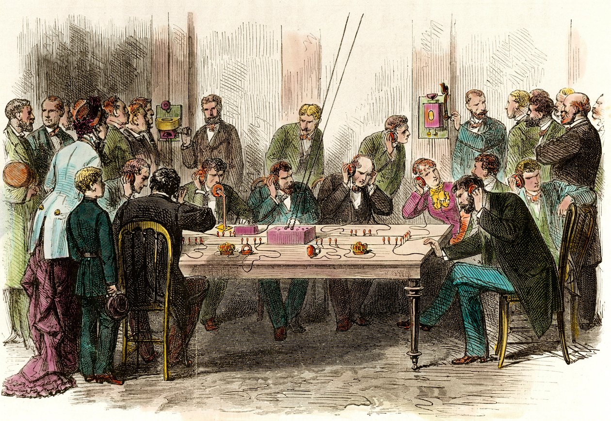 Telefoniopplevelse i venterommet på stasjonen Saint Lazare (Saint-Lazare) i Paris 6.09.1879. Gravering av privatsamlingen fra 1800-tallet av Anonymous Anonymous