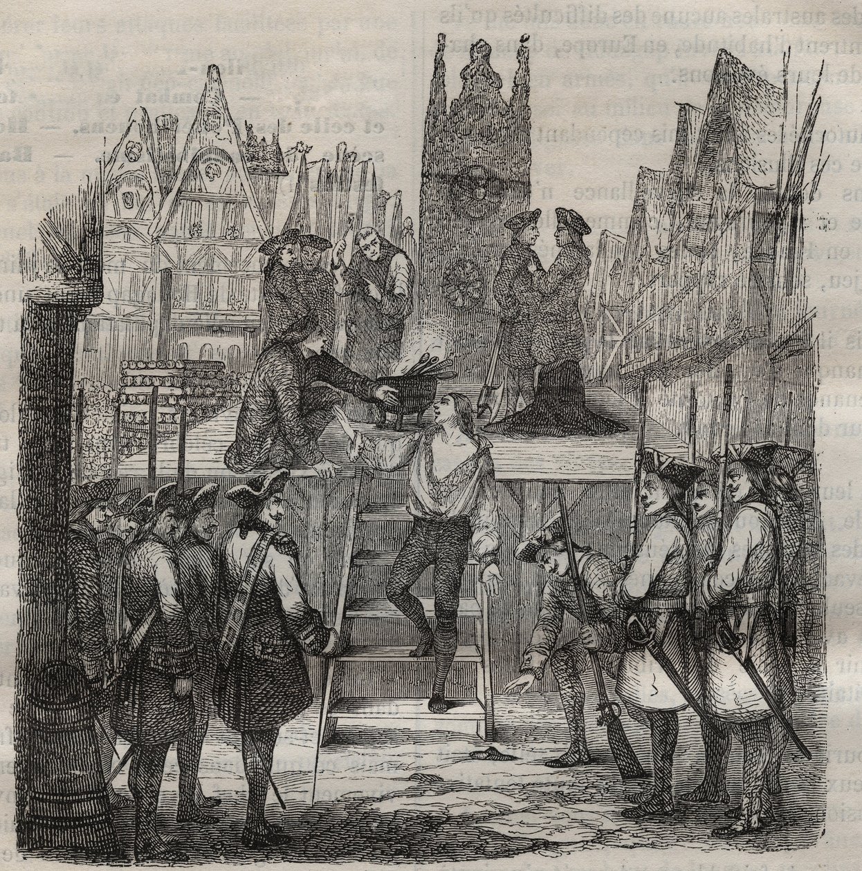 Chevalier Francois-Jean Lefebvre de La Barre (Francois Jean Lefebvre de LaBarre) som steg opp til stillaset i 1766. Gravering i "Fengselshistorie fra deres opprettelse til i dag"" (1877) av Pierre Zaccone (1817-1895) (Colonia Penale - Straffekoloni av Anonymous Anonymous