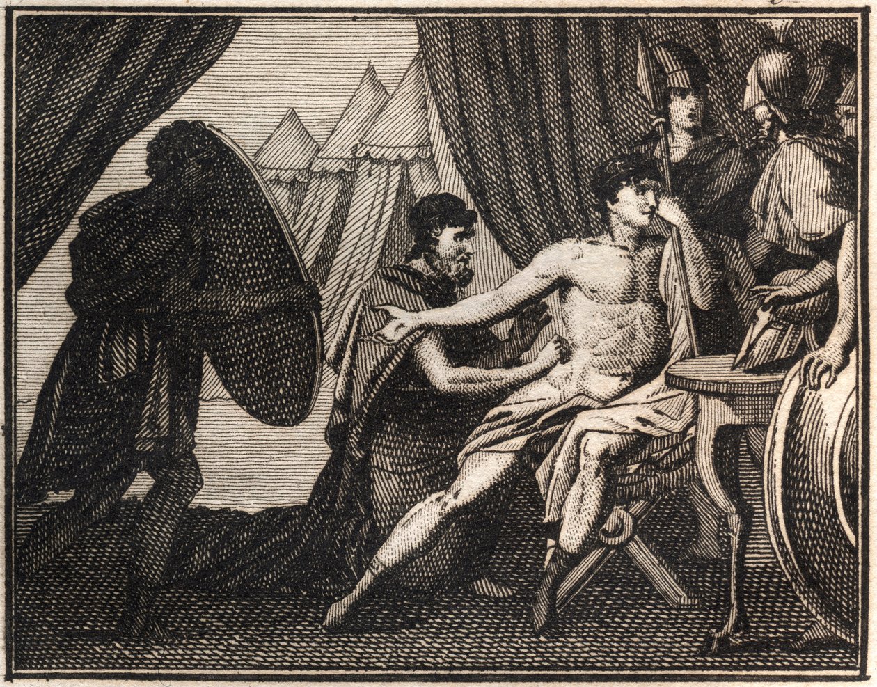 Epaminondas død (etter slaget mot spartanerne ved Mantineia 362 f.Kr.). Gravering fra "" Ungdommens Rollin eller utvalgte stykker av antikke og romerske historier"" 1816. Privat samling. av Anonymous Anonymous