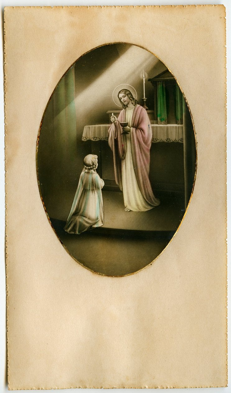 Eukaristien, nattverden, alterets sakrament: et barn foran Jesus (gravering) av Anonymous Anonymous