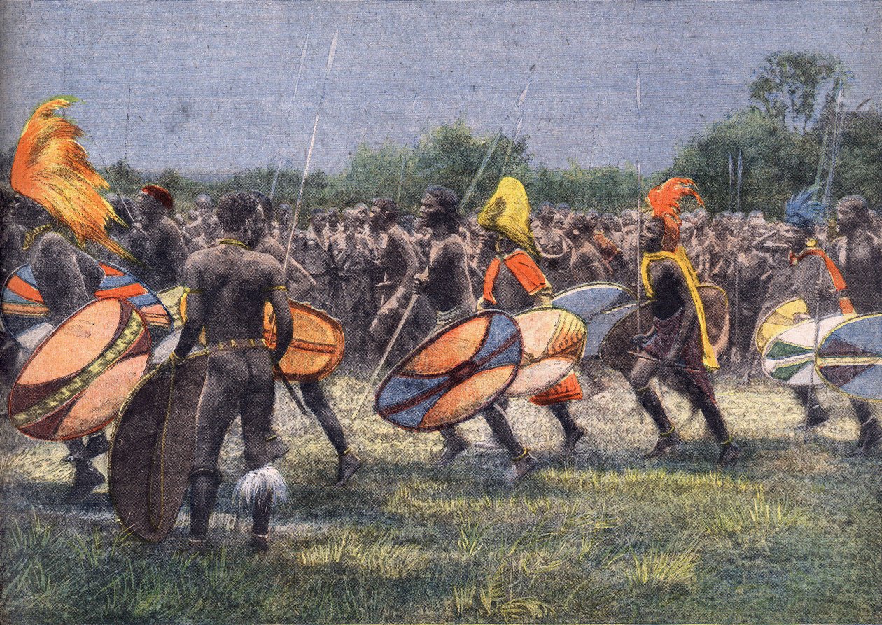 Ekspedisjonen til USAs tidligere president Theodore Roosevelt (1858 - 1919) til Afrika: Krigerdans i Uganda. Gravering. En av avisen "" Le petit parisien"" den 24/04/1910. Privat samling. av Anonymous Anonymous