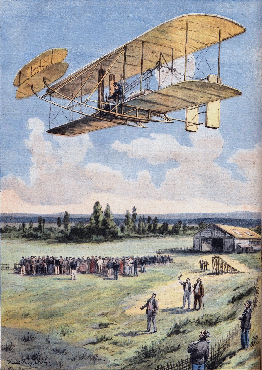 The Flying Men: opplevelsene til Wilbur Wright (1867-1912) over Hunaudieres racerbane, nær byen Le Mans. Gravering fra avisen "" Le Peute Parisien"", 30.08.1908. Privat samling. av Anonymous Anonymous