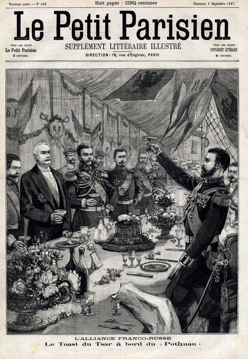 Den fransk-russiske alliansen: skålen for tsar Nicholas II (1868-1918) til ære for den franske presidenten Felix Faure (1841-1899) ombord på Pothau. I "" Le Petit Parisien"" 5.09.1897. Privat samling av Anonymous Anonymous