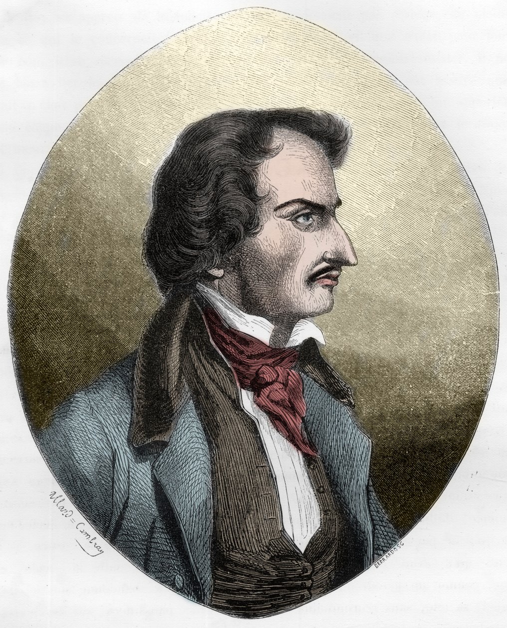Den franske poeten og leiemorderen, Pierre Francois Lancenaire (Lacenaire) - Pierre Francois Lacenaire (1803-1836), fransk dandy, poet, mann av bokstaver - Gravering av 1863 i "Le Livre Rouge - Histoire De L