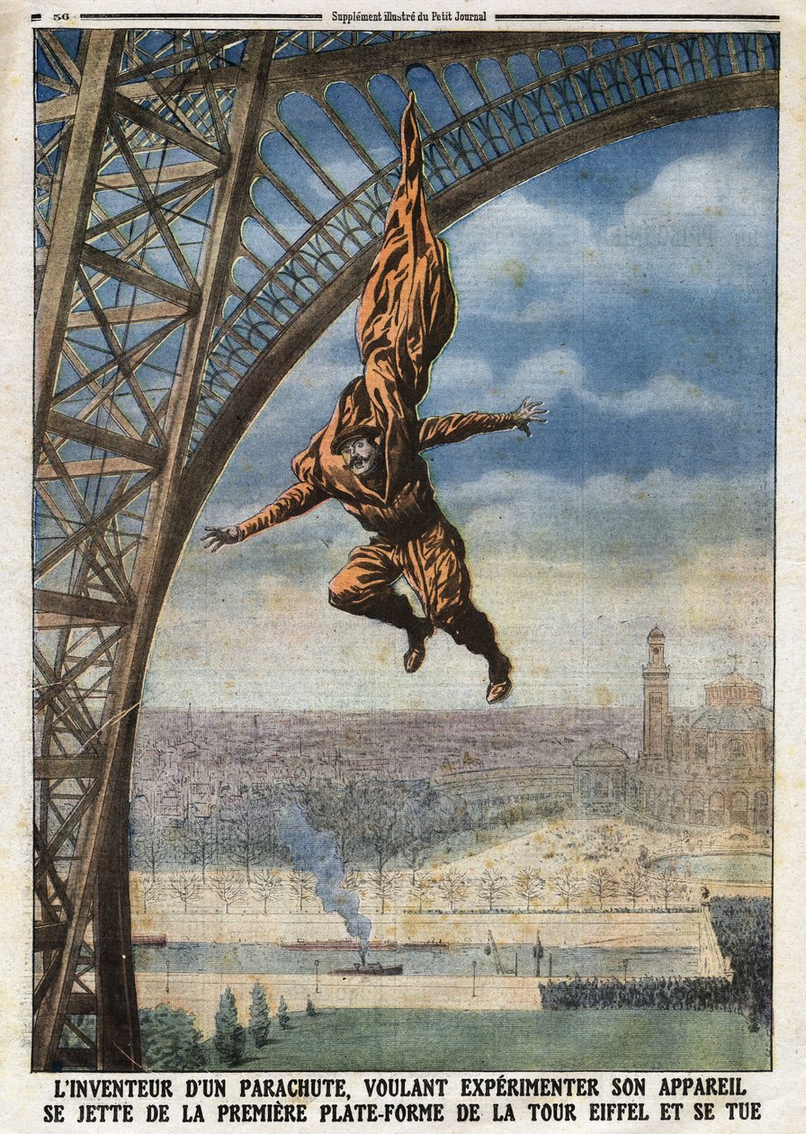Den franske skredderen av østerriksk opprinnelse Franz (eller Francois) Reichelt (1879-1912), oppfinner av en fallskjerm som ønsker å eksperimentere med flyet hans, kaster seg av den første plattformen til Eiffeltårnet og dreper seg selv. Gravering i "" Le av Anonymous Anonymous