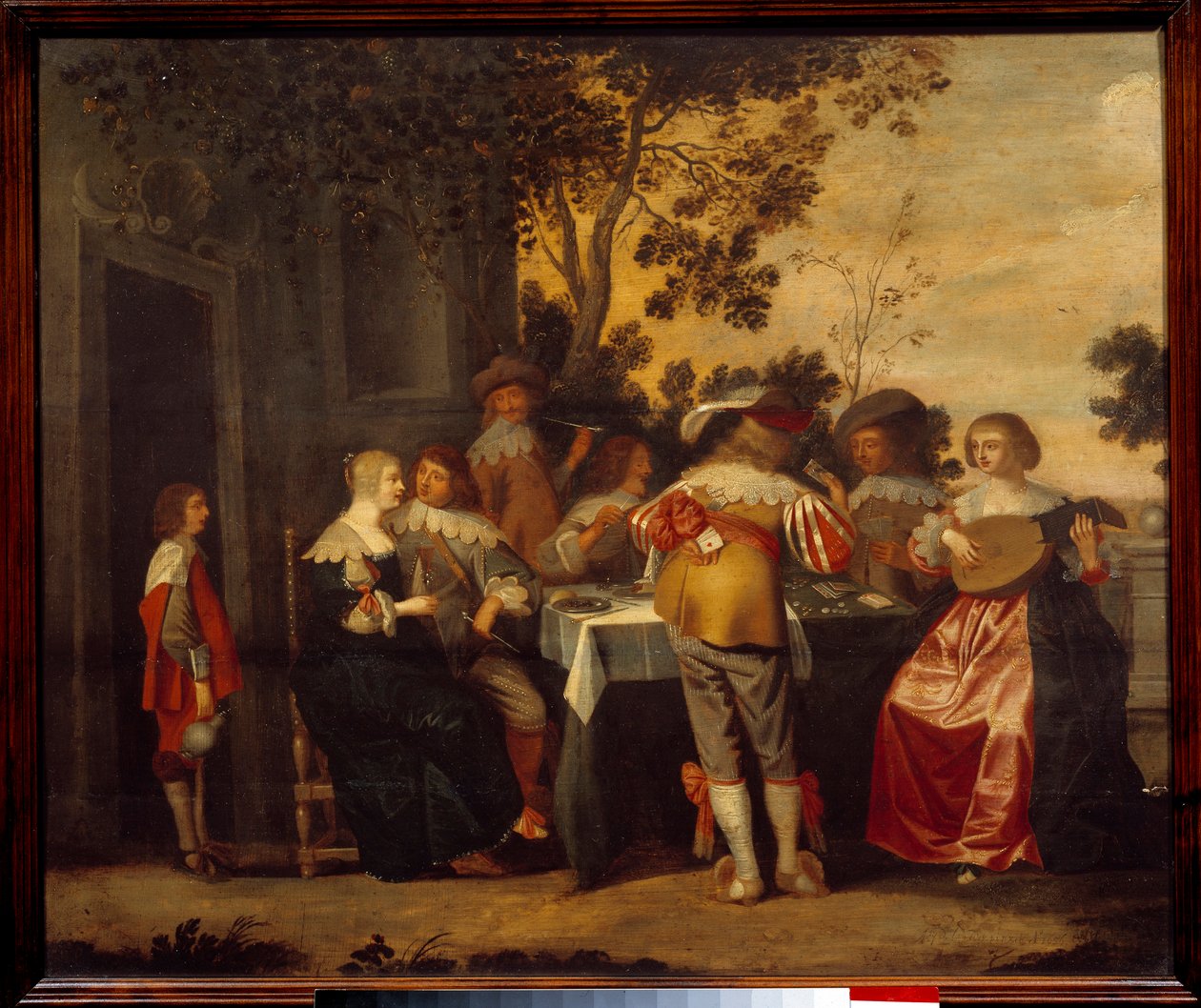 The Gallant Scene kortspill med et par spillere og musikere. Anonymt maleri. Lille fra 1600-tallet, Musee des Beaux Arts av Anonymous Anonymous