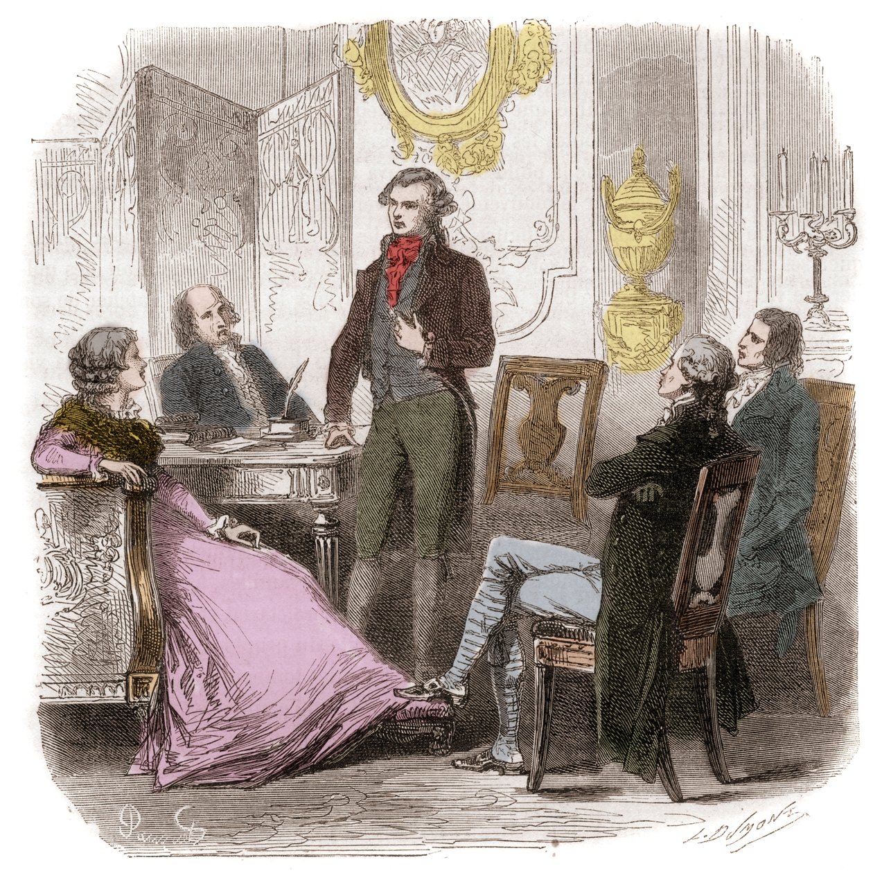 Girondinene hjemme Madame Roland - Reunion des Girondins chez Madame Roland (Manon (Jeanne Marie) Roland Philipon) (1754-1793) - Gravering i "Histoire des Girondins" av Alphonse de Lamartine (1790-1869) 1865-1866 samling av Anonymous Anonymous