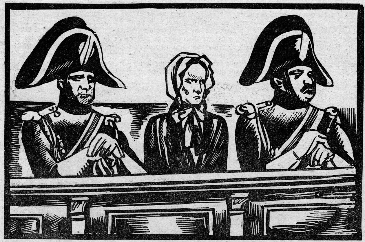 Henriette Cornier-saken, representert på standen i rettssaken hennes for drap på et spedbarn, nær hennes arbeidsgivere i november 1825. Illustrasjon hentet fra "" Le petit journal illustrious"" 1931 av Anonymous Anonymous