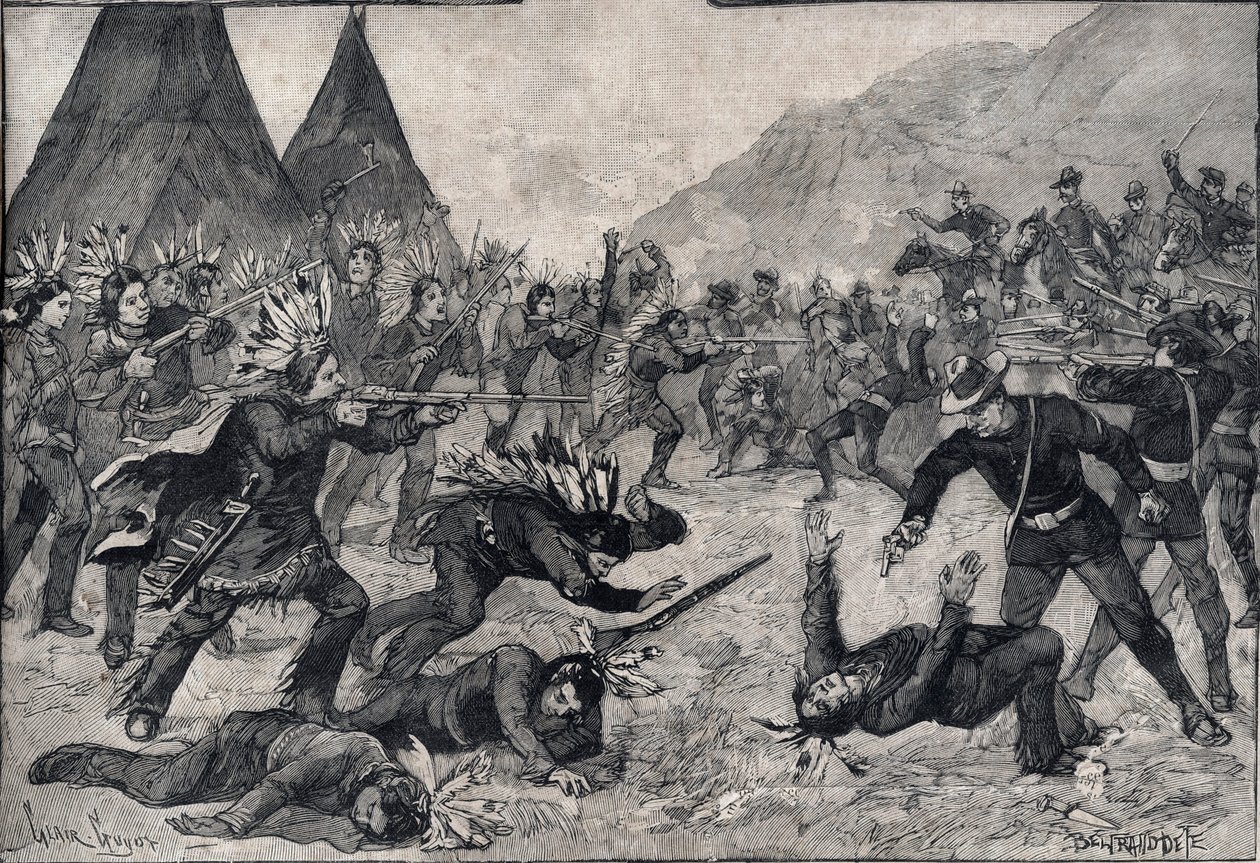 Det indiske opprøret i USA: en kamp mellom sioux-indianere og amerikanske tropper. Gravering i “” Le petit Parisien”” fra 1891. Privat samling. av Anonymous Anonymous