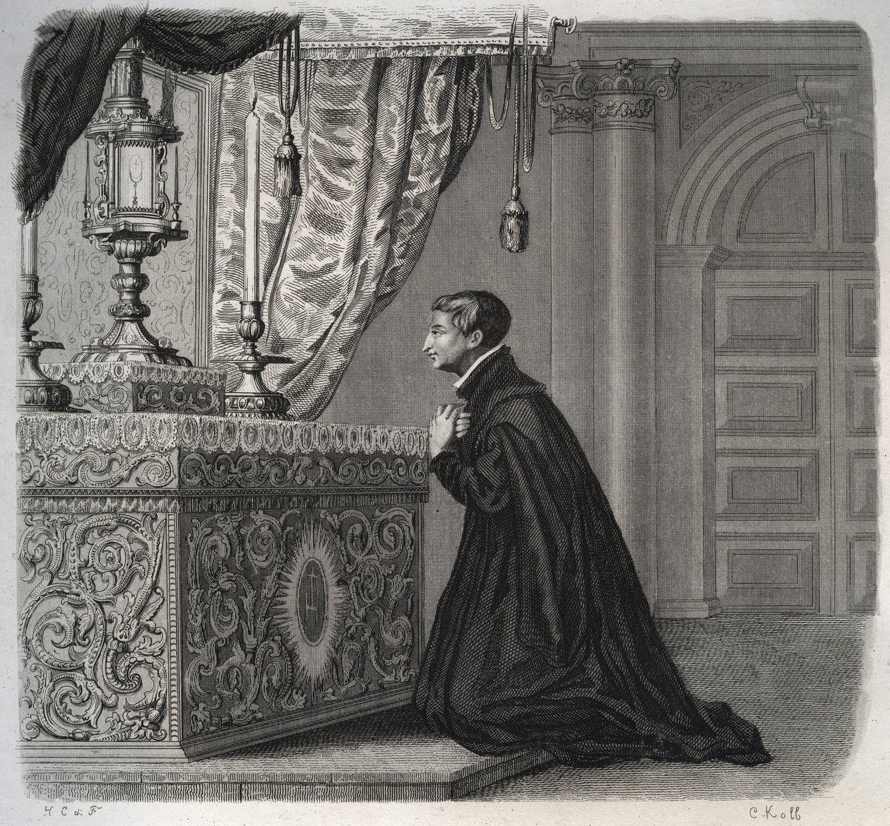 Den italienske jesuiten Louis de Gonzague (San Luigi Gonzaga) (1568-1591) i bønn. Gravering fra 1846 i "" Lives of the saints"". Privat samling. av Anonymous Anonymous