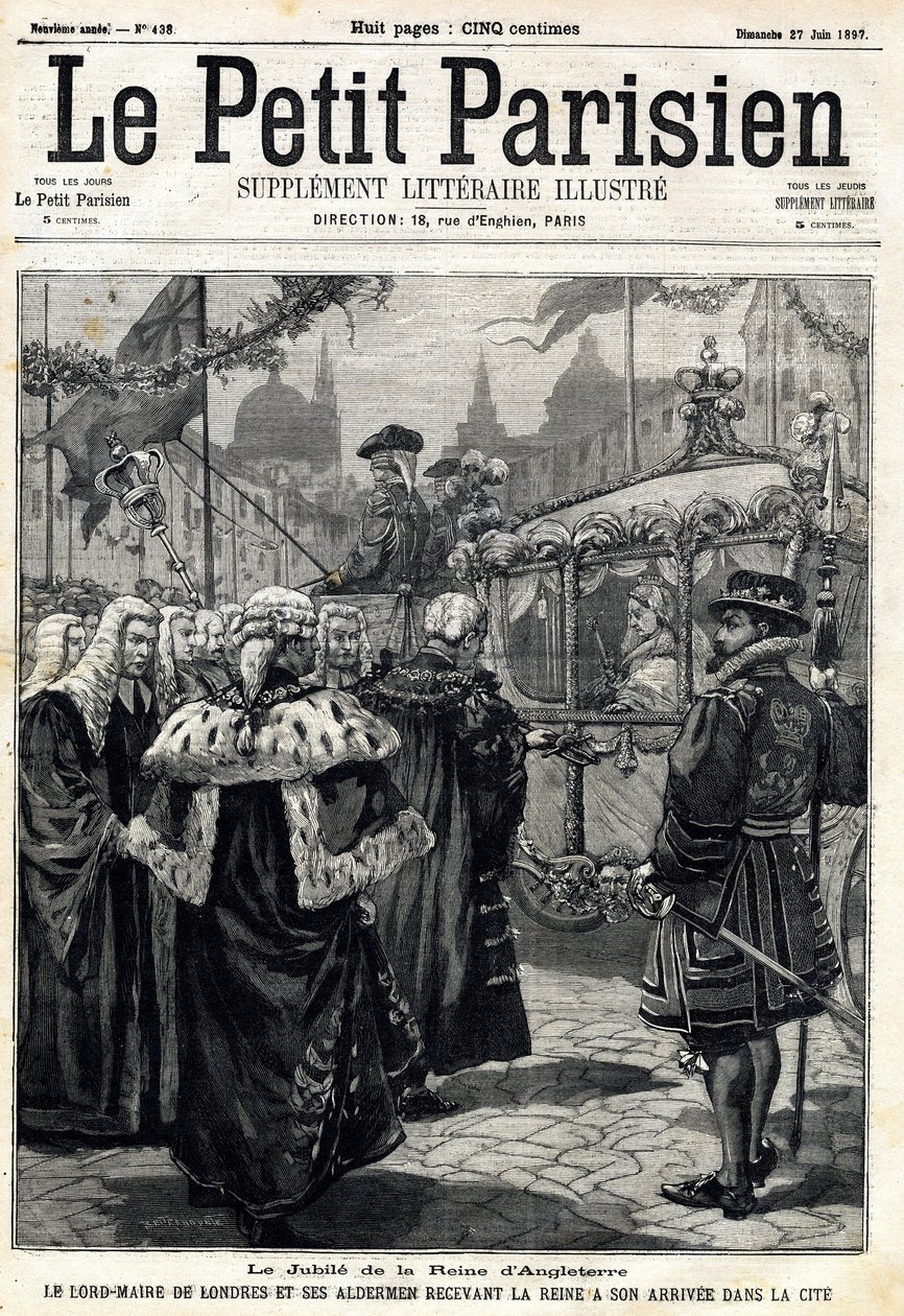 Jubileet til dronningen av England Victoria: Lord Mayor of London Horatio Davies (1819-1901) og hans ordførere som tok imot dronningen, ankom byen. I "" Le Petit Parisien"" den 27.06.1897. Privat samling av Anonymous Anonymous