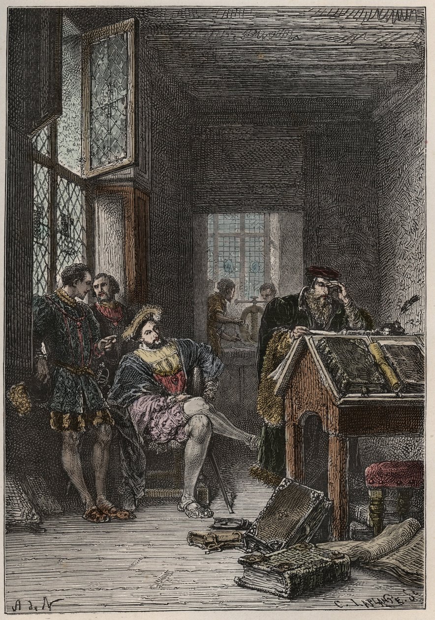 Kongen av Frankrike Francois I (1494-1547), beskytter av kunst og bokstaver, besøkte verkstedene til trykkeriene Estienne (Robert Estienne), rundt 1540 (kongen av Frankrike Frans I besøkte verkstedene til de kongelige typografene Estienne av Anonymous Anonymous