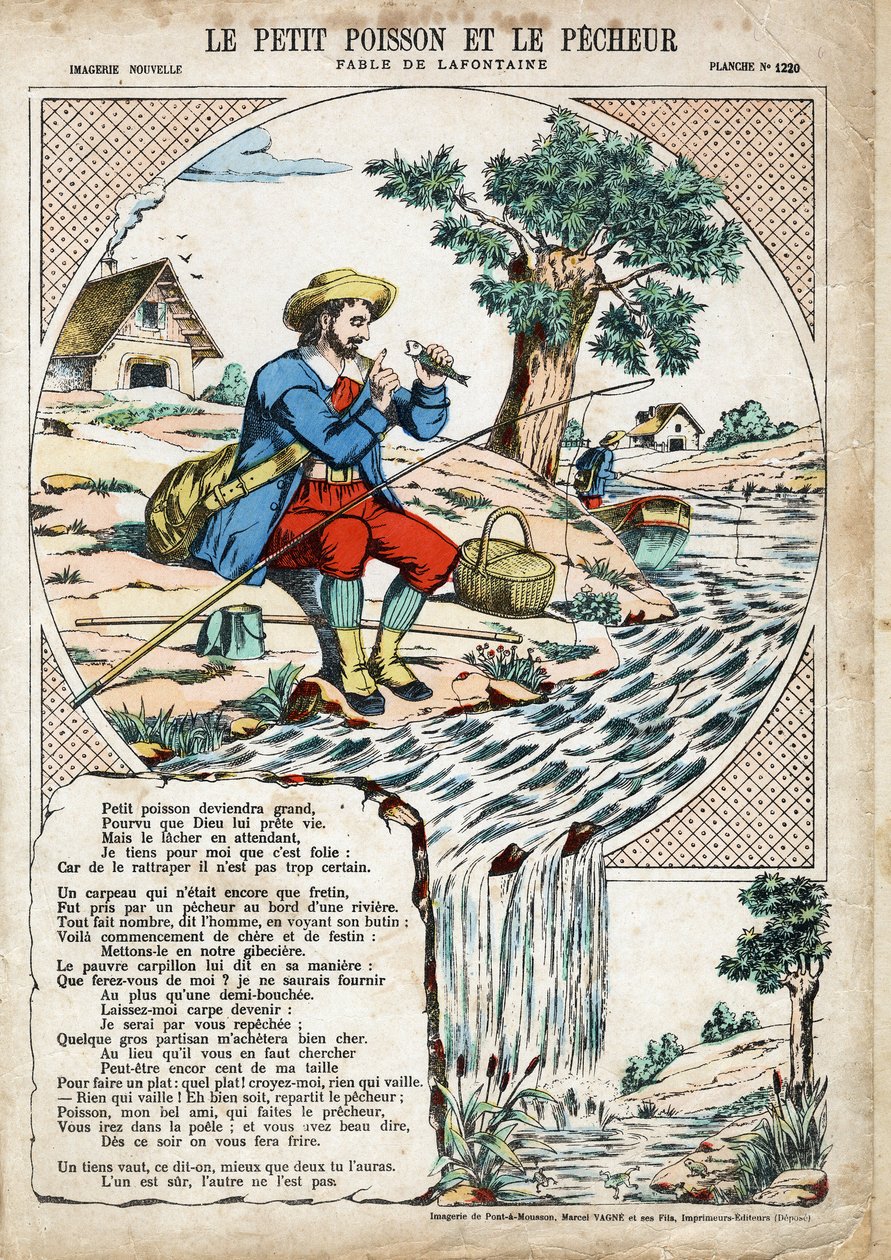 Den lille fisken og fiskeren. Anonym illustrasjon for Les Fables av Jean de LA FONTAINE (Lafontaine) (1621-1695). Avbildning av Pont-a-Mousson, ca 1880. Privat samling. av Anonymous Anonymous