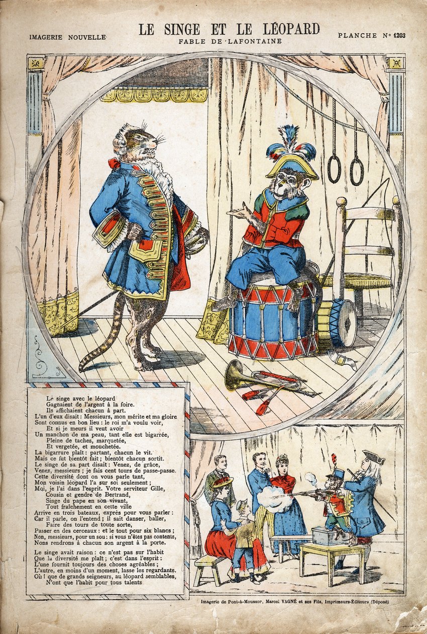 Apen og leoparden. Anonym illustrasjon for Les Fables av Jean de LA FONTAINE (Lafontaine) (1621-1695). Avbildning av Pont-a-Mousson, ca 1880. Privat samling. av Anonymous Anonymous