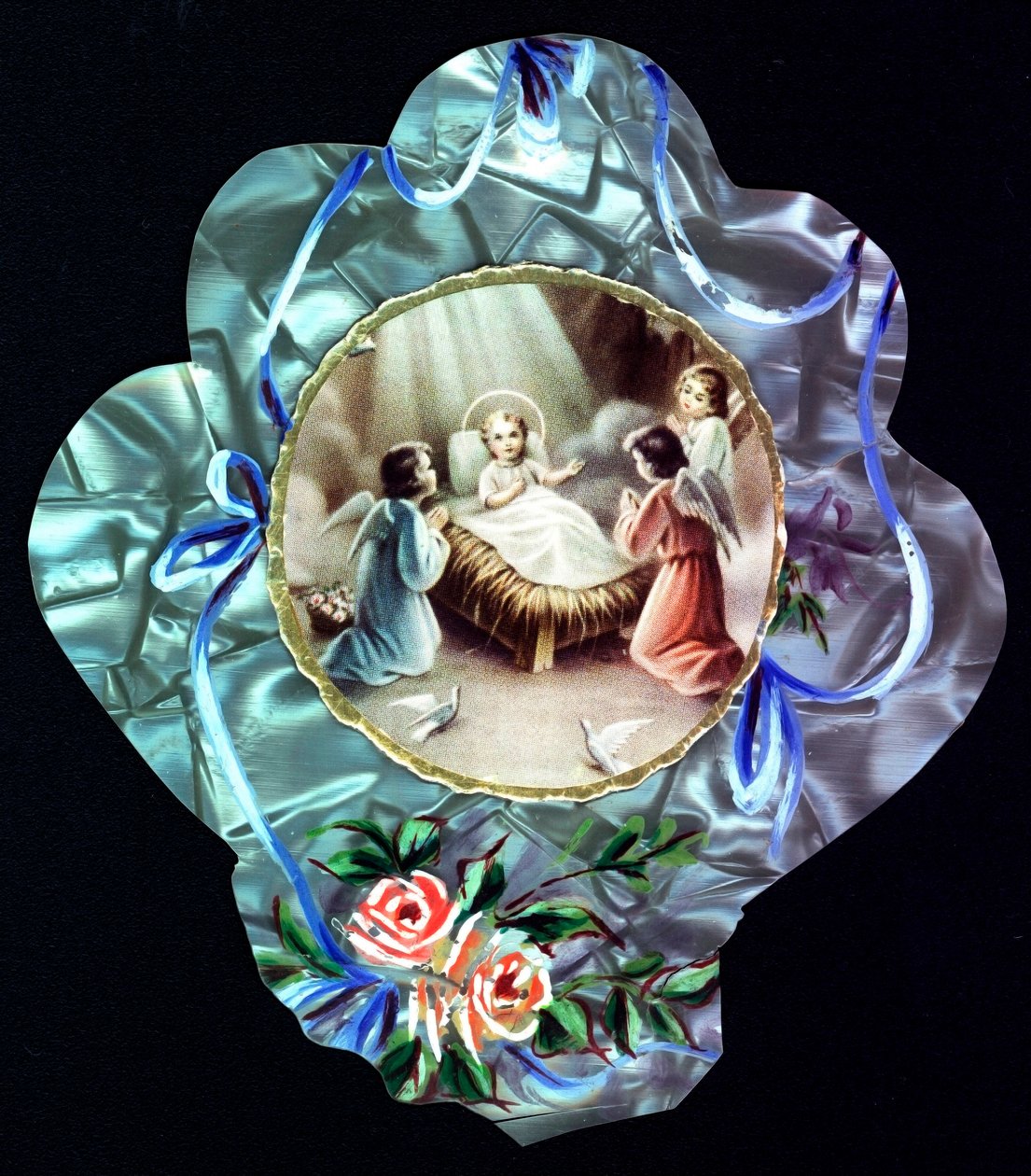 Nativitten. Barnet Jesus omgir engler Fromme bilde. Dentelee postkort. Privat samling av Anonymous Anonymous