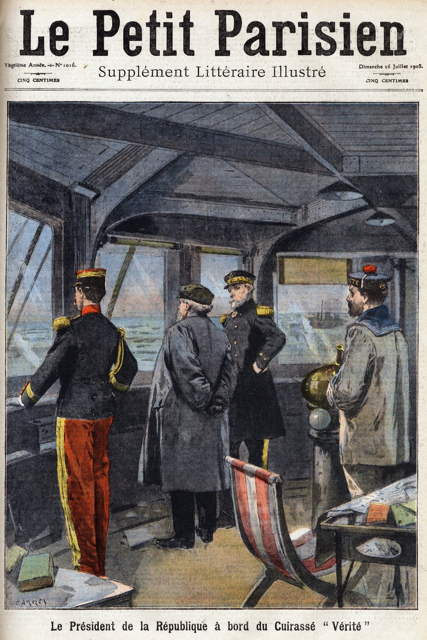 Republikkens president Armand Fallieres (1841-1931) ombord på Cuirasse "" Verite"". En av avisen "" Le petit parisien"" den 26.07.1908. Privat samling. av Anonymous Anonymous