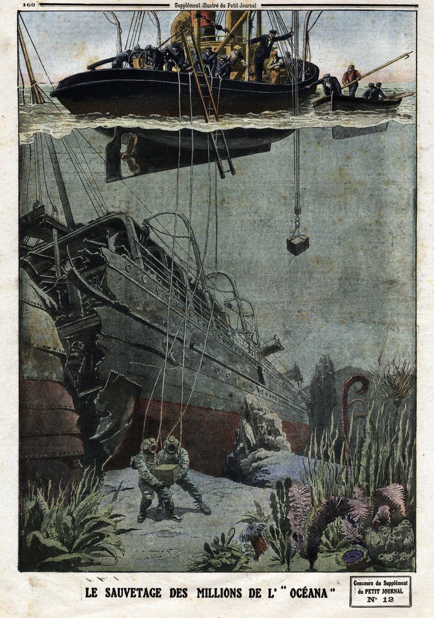 The Rescue of the Millions of the Oceana: Scaphandlers dykker utenfor Eastbourne for å plukke opp de 18 millioner metallene som den britiske rutebåten skulle frakte til India. Gravering i "" Le Petite Journal"", 19.05.1912. Privat samling. av Anonymous Anonymous