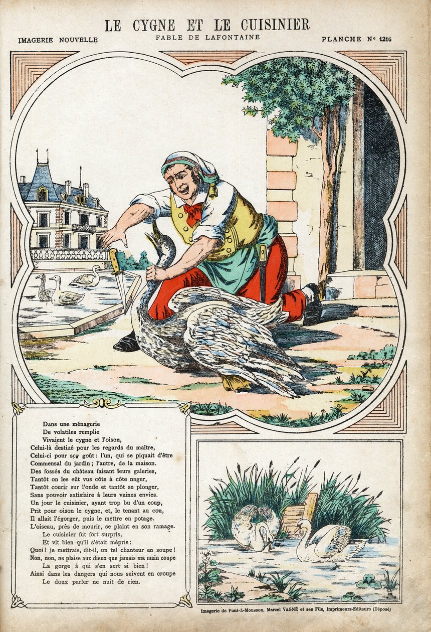 Svanen og kokken. Anonym illustrasjon for Les Fables av Jean de LA FONTAINE (Lafontaine) (1621-1695). Avbildning av Pont-a-Mousson, ca 1880. Privat samling. av Anonymous Anonymous