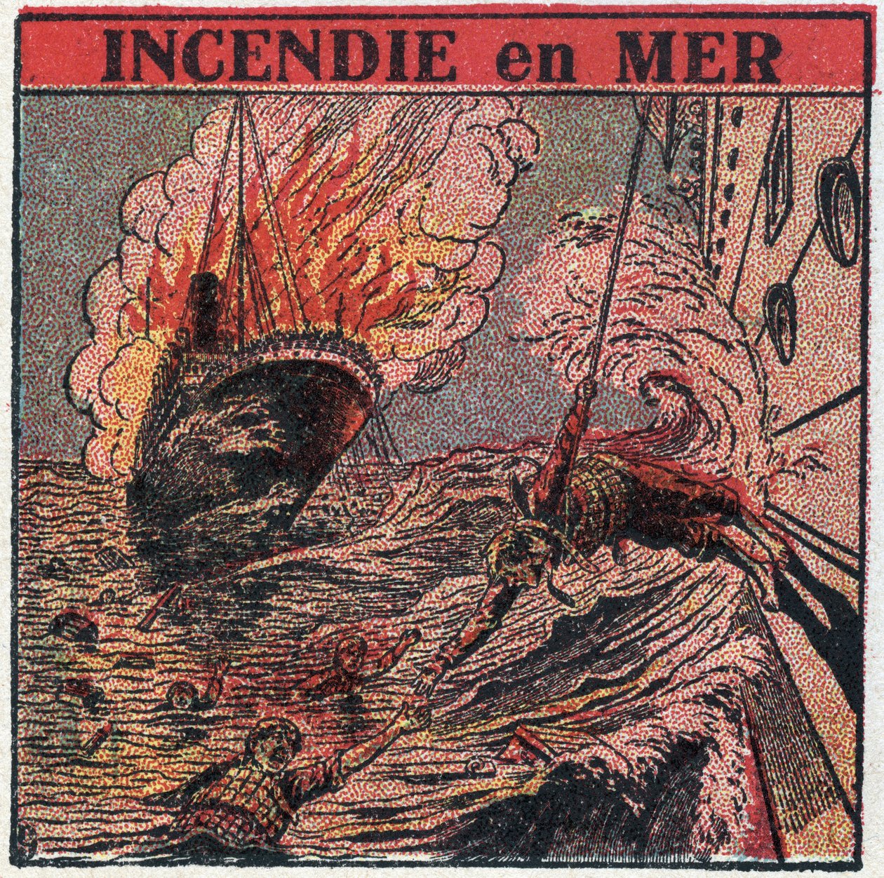 T.S.F.: brann til sjøs. T.S.F. brukes av båter for å tilkalle hjelp under et forlis. Anonym illustrasjon fra 1925. Privat samling. av Anonymous Anonymous