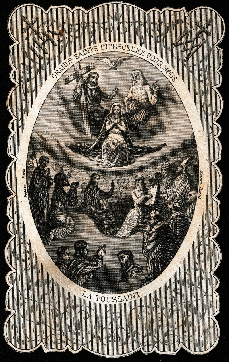 Jomfru Maria med den hellige treenighet (Gud, Jesus Kristus og Den Hellige Ånds due). Dentelee kort. 1800-tallet. Privat samling av Anonymous Anonymous