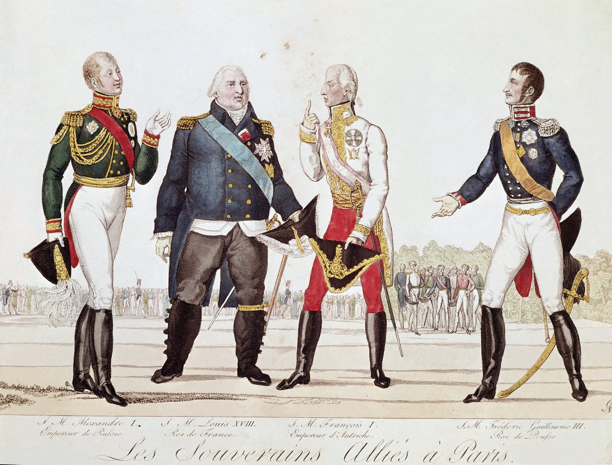 De allierte suverene: Alexander 1. av Russland, Louis XVIII av Frankrike, Francois II av Østerrike og Frederich William III av Preussen under undertegningen av Alliansen i Paris september 1815 (litografi). av Anonymous Anonymous