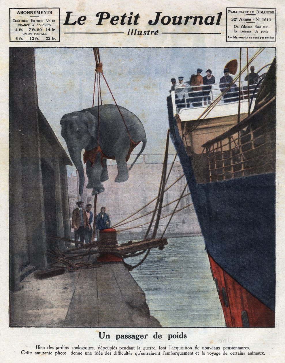 Ankomsten med båt av en elefant anskaffet av en zoologisk hage av mennesker etter krigen. Illustrasjon hentet fra "" Le petit journal illustrious"" av 20/11/1921. Privat samling av Anonymous Anonymous