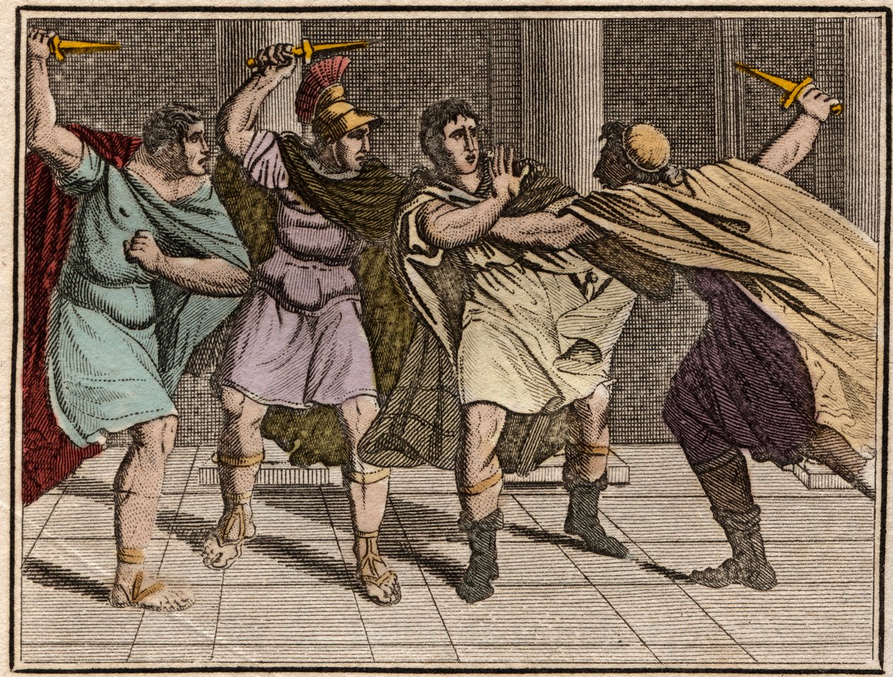 The assassination of roman emperor Julius Caesar (Jules Cesar - Giulio Cesare or Caius Julius Caesar) the 15th march 44 BC - Engraving from “” The Rollin of Youth or Chosen Pieces of Ancient and Roman Stories”” 1816 - Private collection av Anonymous Anonymous