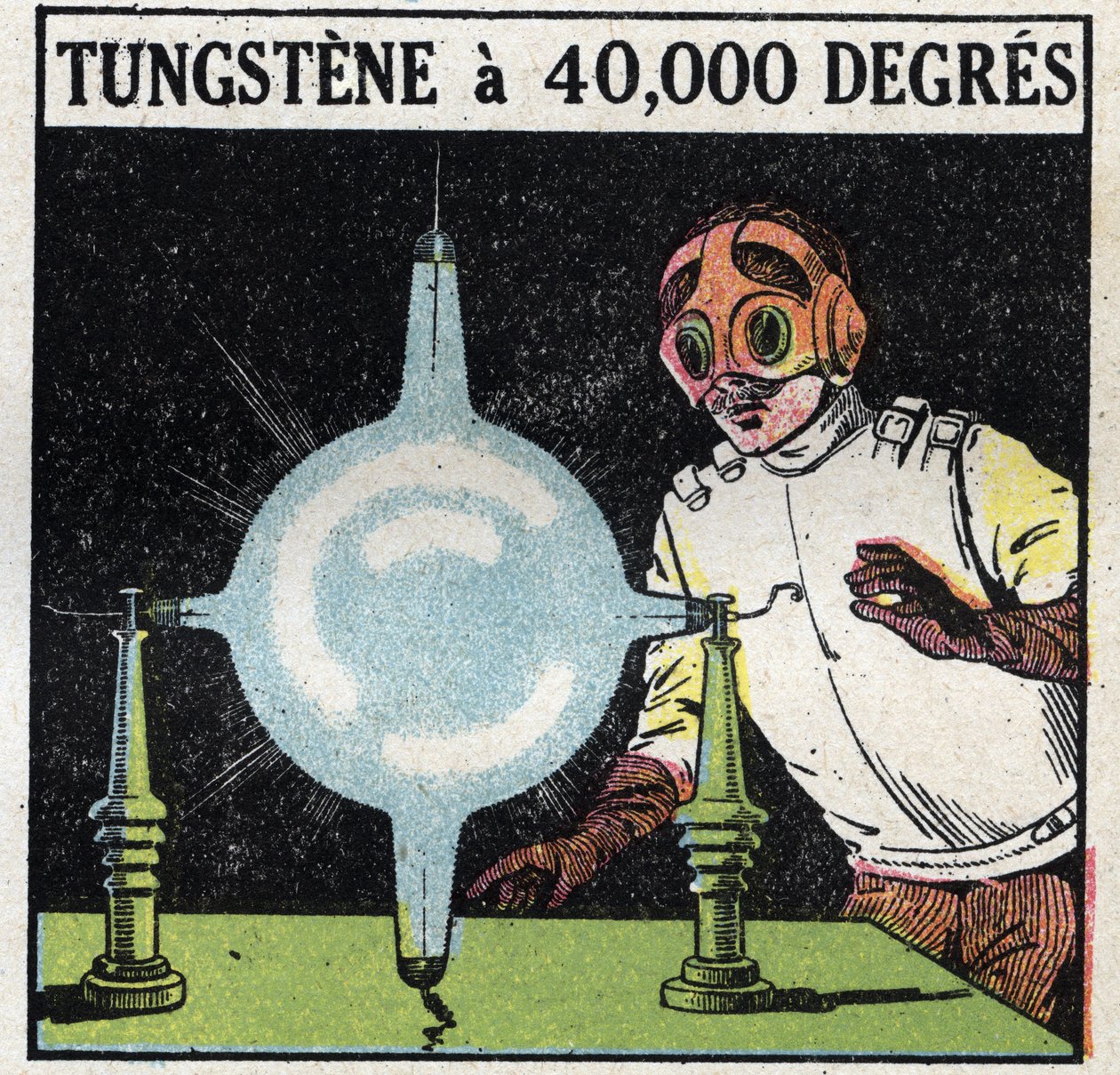 Atomet og vitenskapen: forsøk å løse opp wolfram ved å fordampe en fin ledning av dette metallet til 40 000 grader. Anonym illustrasjon fra 1925. Privat samling. av Anonymous Anonymous