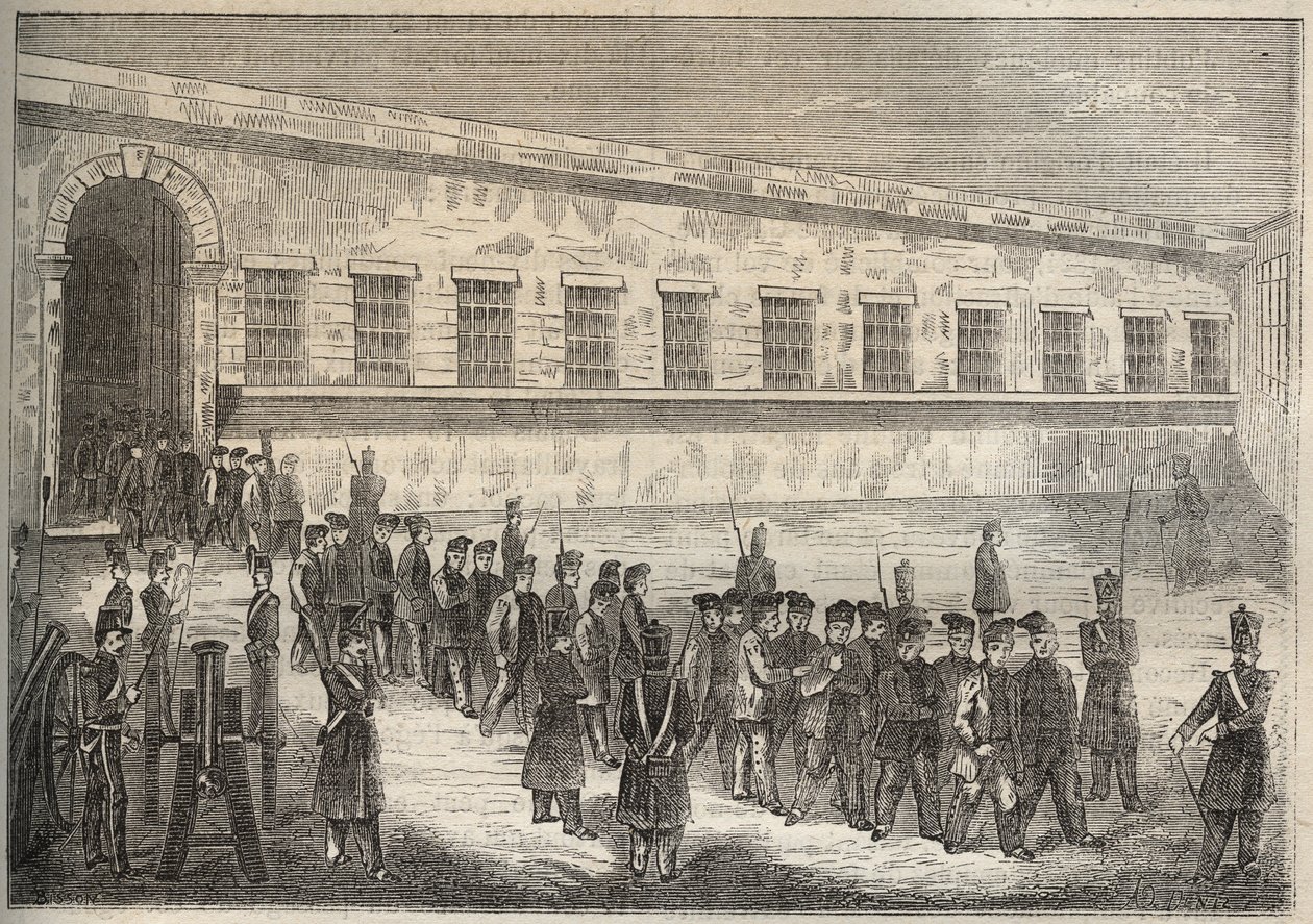 Fengselet til Rochefort på 1800-tallet. Gravering i «Fangernes historie fra deres skapelse til i dag» (1877) av Pierre Zaccone (1817-1895) (Colonia Penale - Straffekoloni). Privat samling. av Anonymous Anonymous