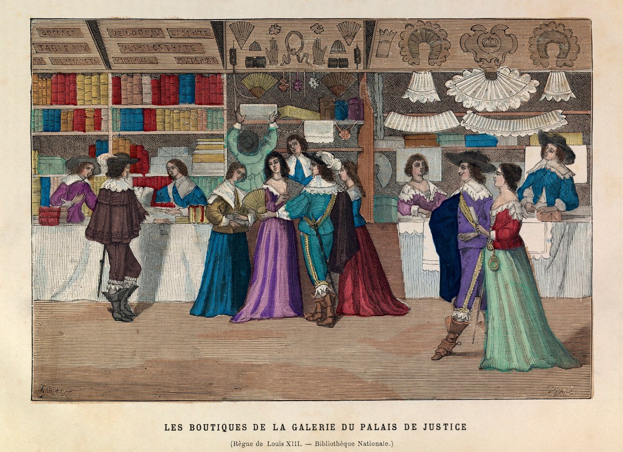 Butikkene til Palais de Justice-galleriet i Paris under kong Ludvig XIIIs regjeringstid på 1600-tallet - Butikker i Galerie du Palais de Justice, Paris, Ludvig XIIIs regjeringstid av Anonymous Anonymous