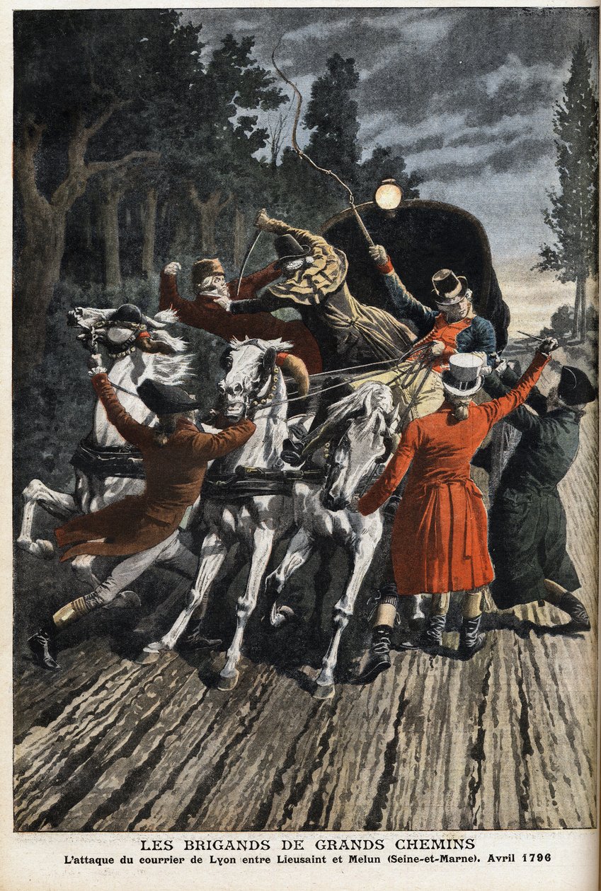 Motorveiene: angrepet av Lyon-posten mellom Lieusaint og Melun (Seine Et Marne) i april 1796. Gravering i "" Le Petite Journal" av Anonymous Anonymous