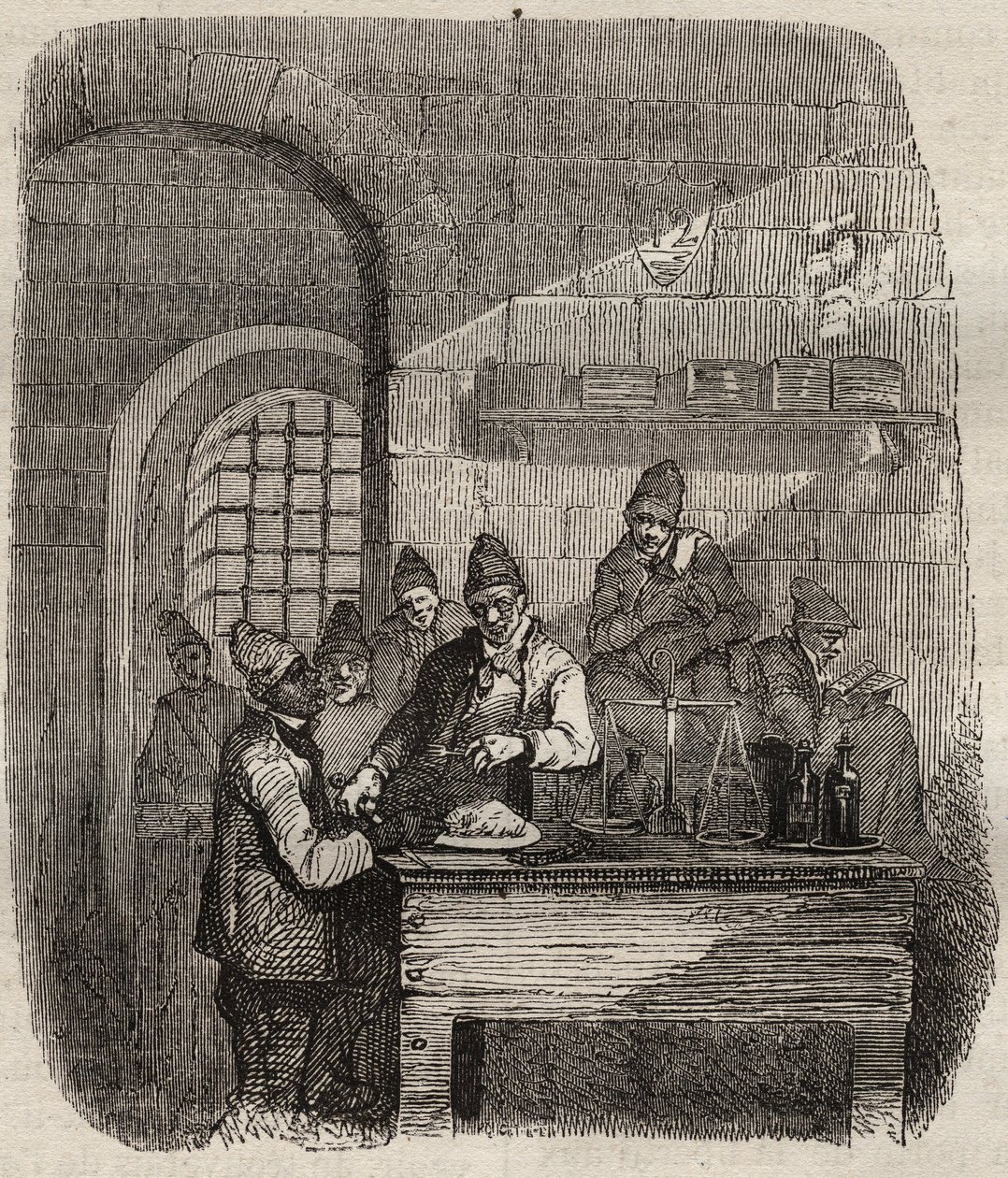 Kantinen til Brest-fengselet på 1800-tallet. Gravering i «Fangernes historie fra deres skapelse til i dag» (1877) av Pierre Zaccone (1817-1895) (Colonia Penale - Straffekoloni). Privat samling. av Anonymous Anonymous