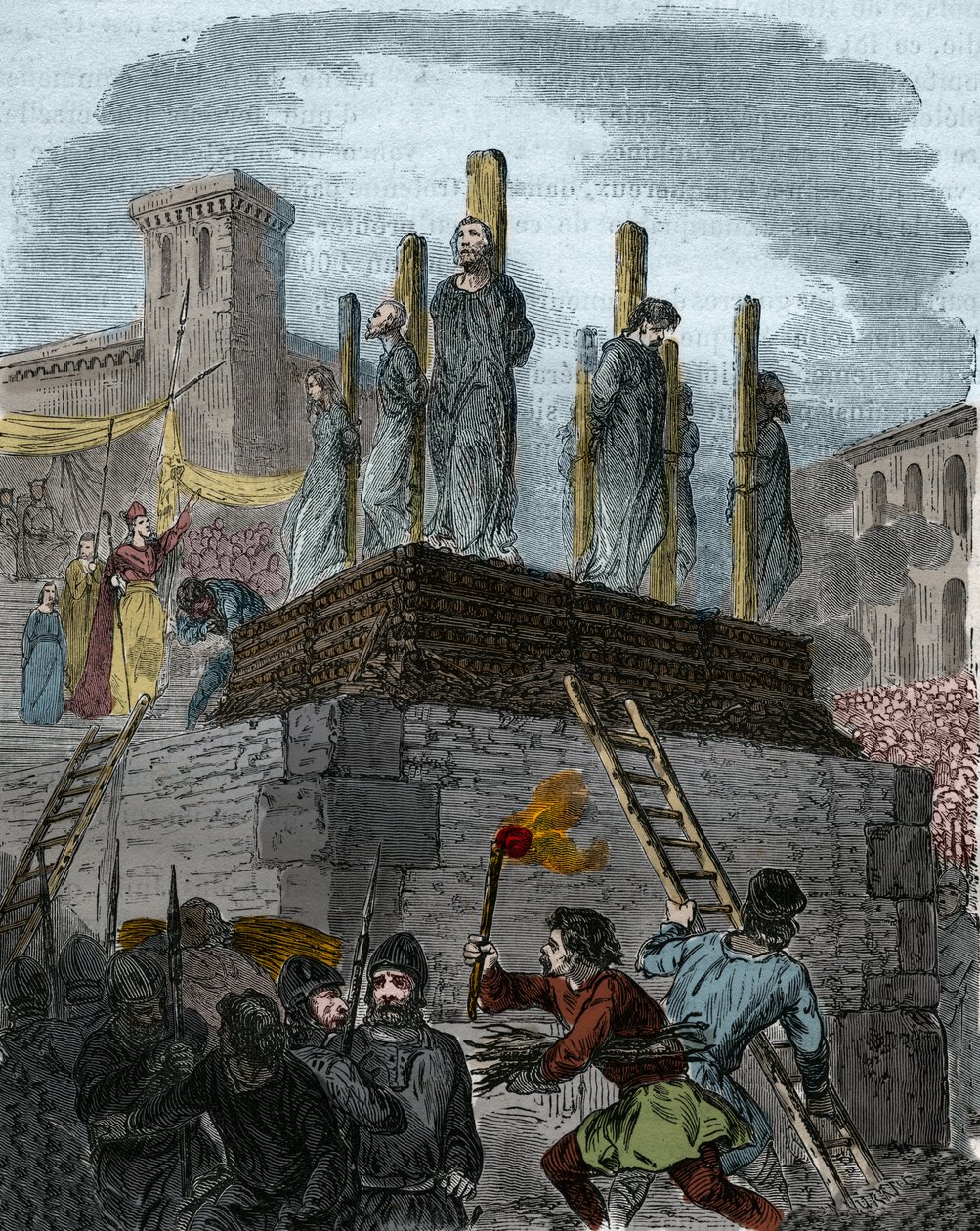 Saken om kjettere i Orleans: kanoner ble dømt til slakteren for kjetteri i Orleans i 1022. (første bucher i historien om kampen mot kjetteri i Vesten under styret av Robert II den fromme (996-1031). Gravering av det 19. århundre av Anonymous Anonymous