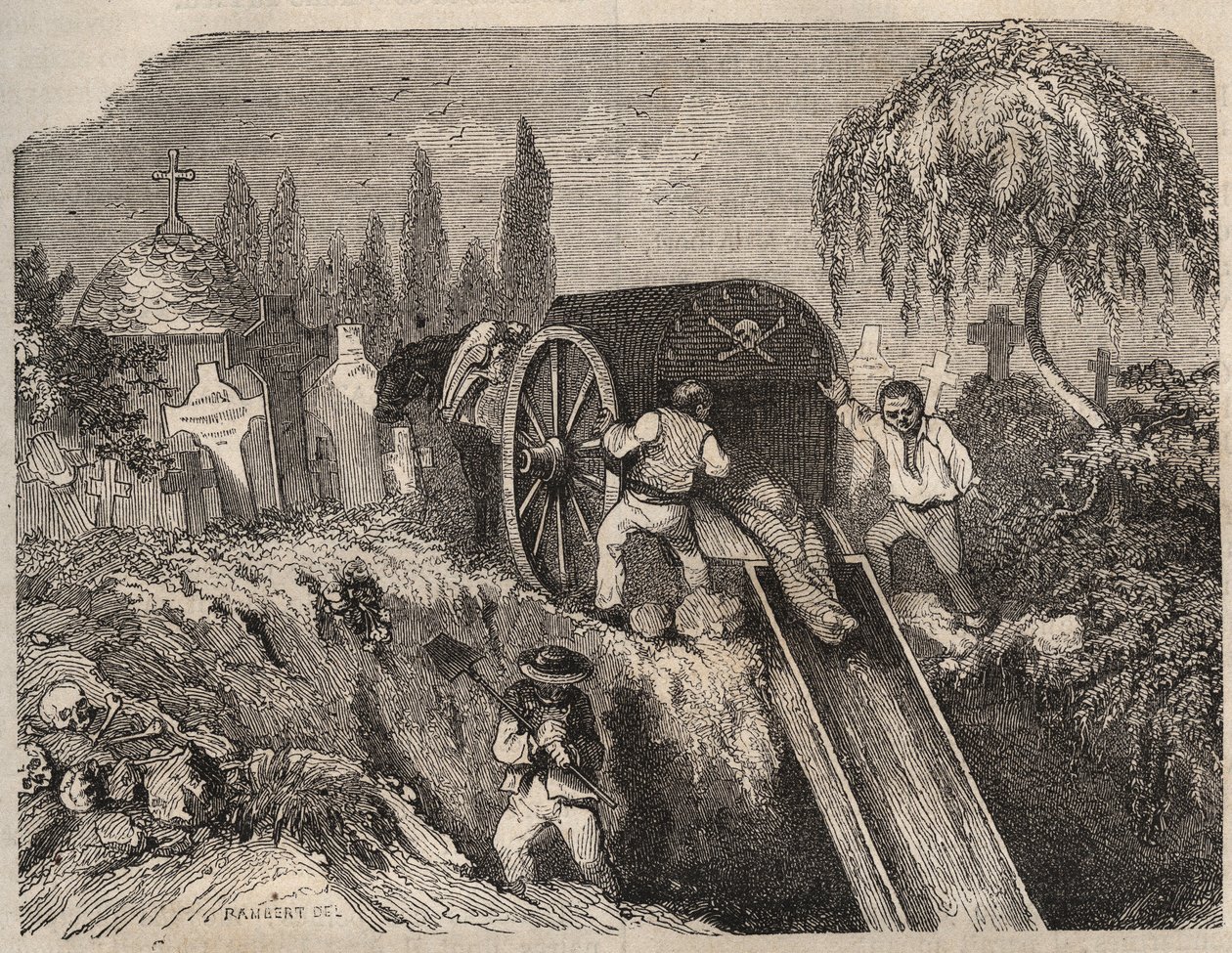 Kirkegården til Brest Bagne på 1800-tallet. Gravering i «Fangernes historie fra deres skapelse til i dag» (1877) av Pierre Zaccone (1817-1895) (Colonia Penale - Straffekoloni). Privat samling. av Anonymous Anonymous