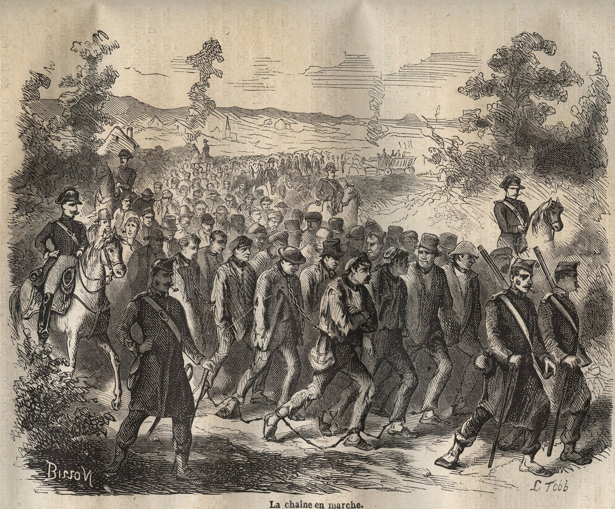 Kjeden startet ved Toulon Bagne på 1800-tallet. Gravering i "Fengselshistorie fra deres opprettelse til i dag"" (1877) av Pierre Zaccone (1817-1895) (Colonia Penale - straffekoloni). Privat samling. av Anonymous Anonymous