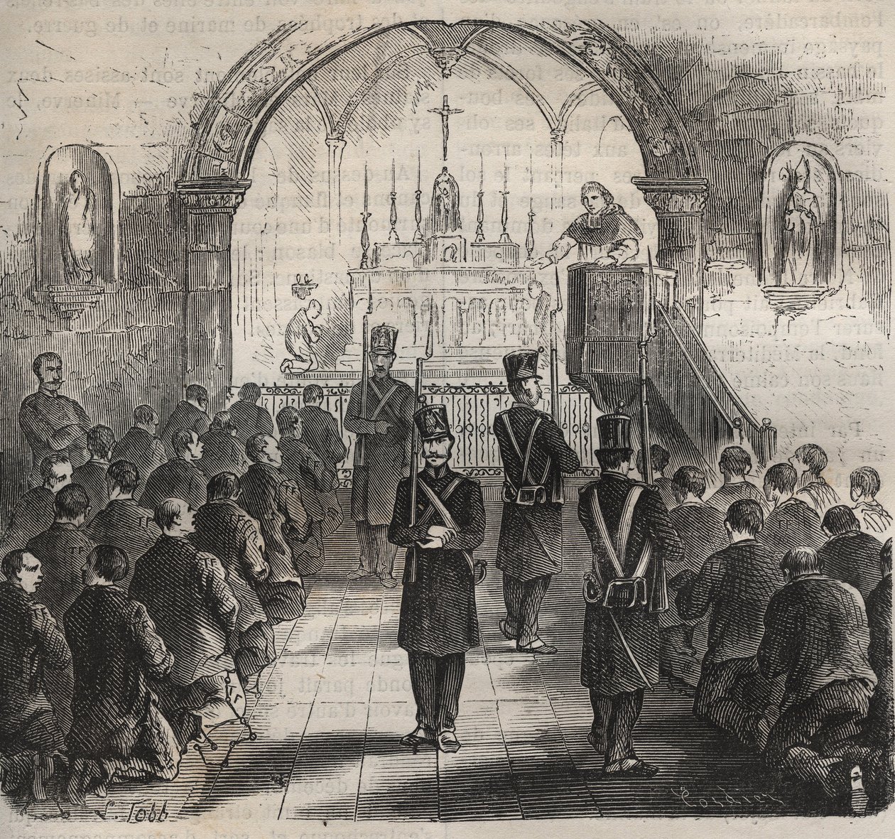 Kapellet i Toulon-fengselet på 1800-tallet. Gravering i «Fangernes historie fra deres skapelse til i dag» (1877) av Pierre Zaccone (1817-1895) (Colonia Penale - Straffekoloni). Privat samling. av Anonymous Anonymous