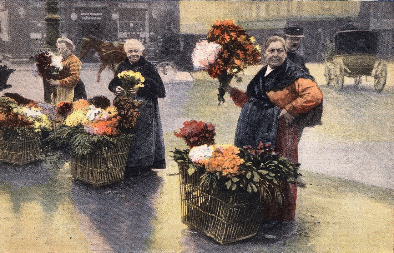 Krysantemfesten: krysantemhandler på gaten. Gravering. En av avisen "" Le petit parisien"" den 20.11.1910. Privat samling. av Anonymous Anonymous