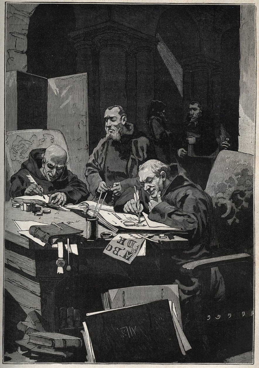 Krysografen: kopierte munker som utførte belysninger med gullbokstaver i middelalderen. Gravering fra 1885 i "" Les arts et metiers illustres"" av Adolphe BITARD. av Anonymous Anonymous