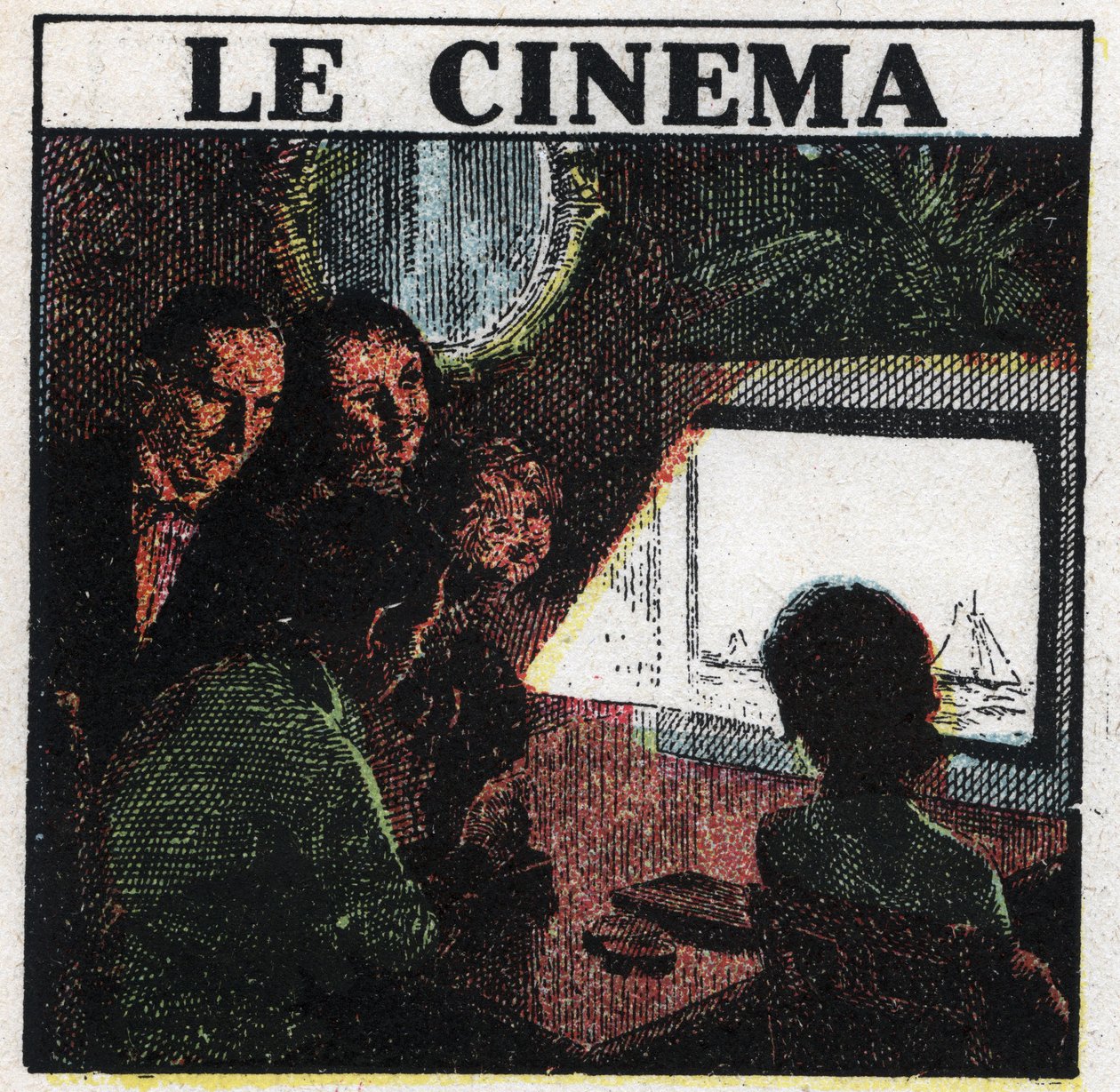 Kinematografen: en familie som ser en film på en skjerm. Anonym illustrasjon fra 1925. Privat samling. av Anonymous Anonymous