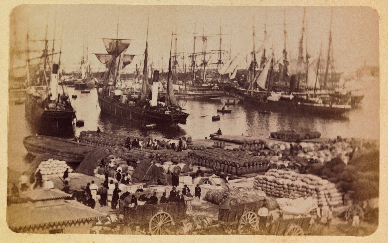 Byen Marseille og dens omgivelser rundt 1885 -1890: Bassin de la Joliette, lastebord på katter, Privat samling av Anonymous Anonymous