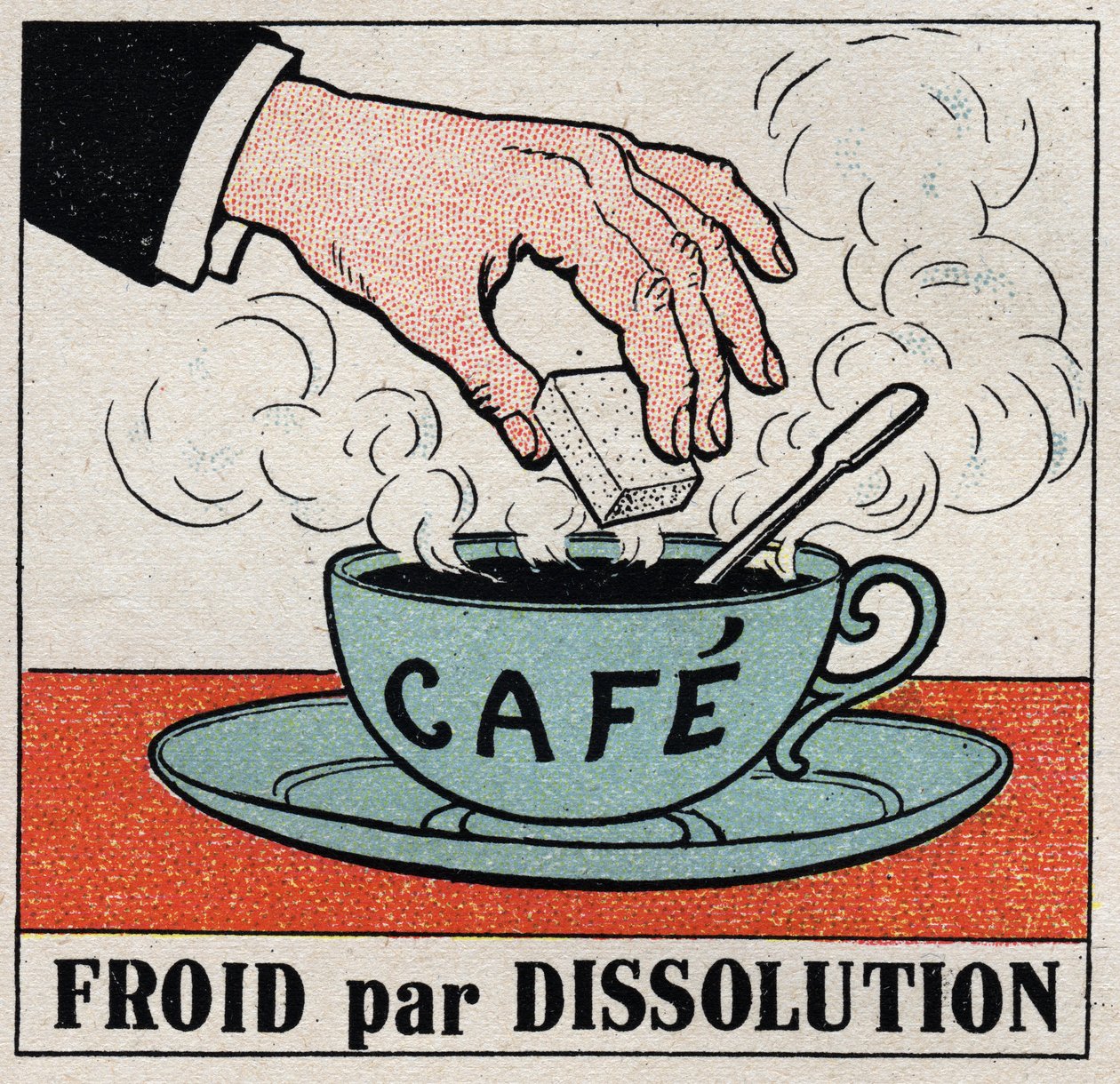 Den kalde industrien: kald ved oppløsning. Å putte et sukker i en kopp varm kaffe gjør kaffen kjølig. Anonym illustrasjon fra 1925. Privat samling. av Anonymous Anonymous