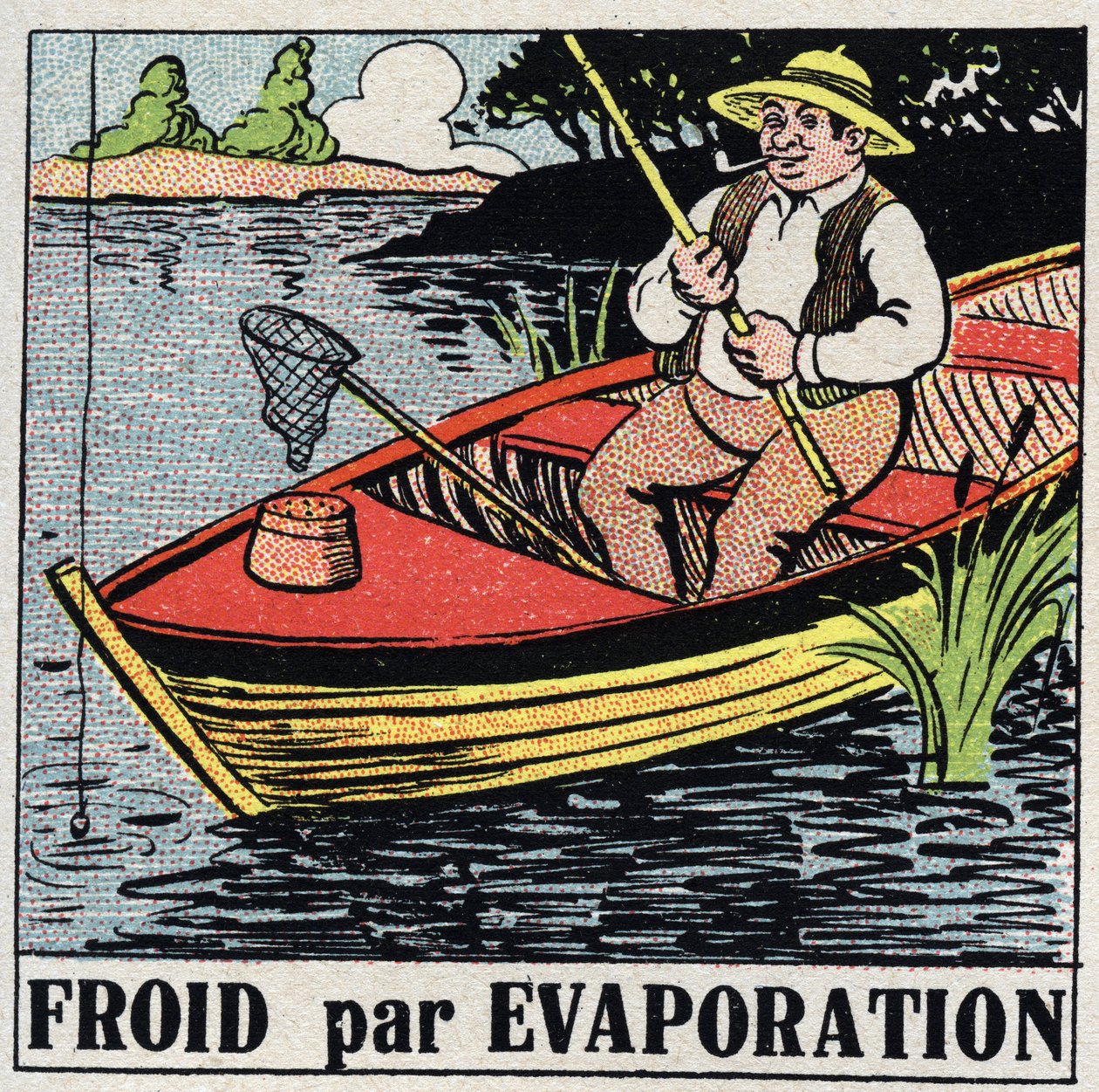 Den kalde industrien: kald ved fordampning. En fisker i båten holder seg kjølig takket være fordampningen av elvevannet. Anonym illustrasjon fra 1925. Privat samling. av Anonymous Anonymous