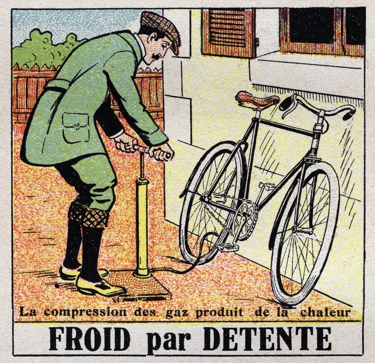 Den kalde industrien: kaldt for avslapning. Avslappingen av gassene produserer kulde mens kompresjonen deres produserer varme som når man blåser opp et sykkeldekk. Anonym illustrasjon fra 1925. Privat samling. av Anonymous Anonymous