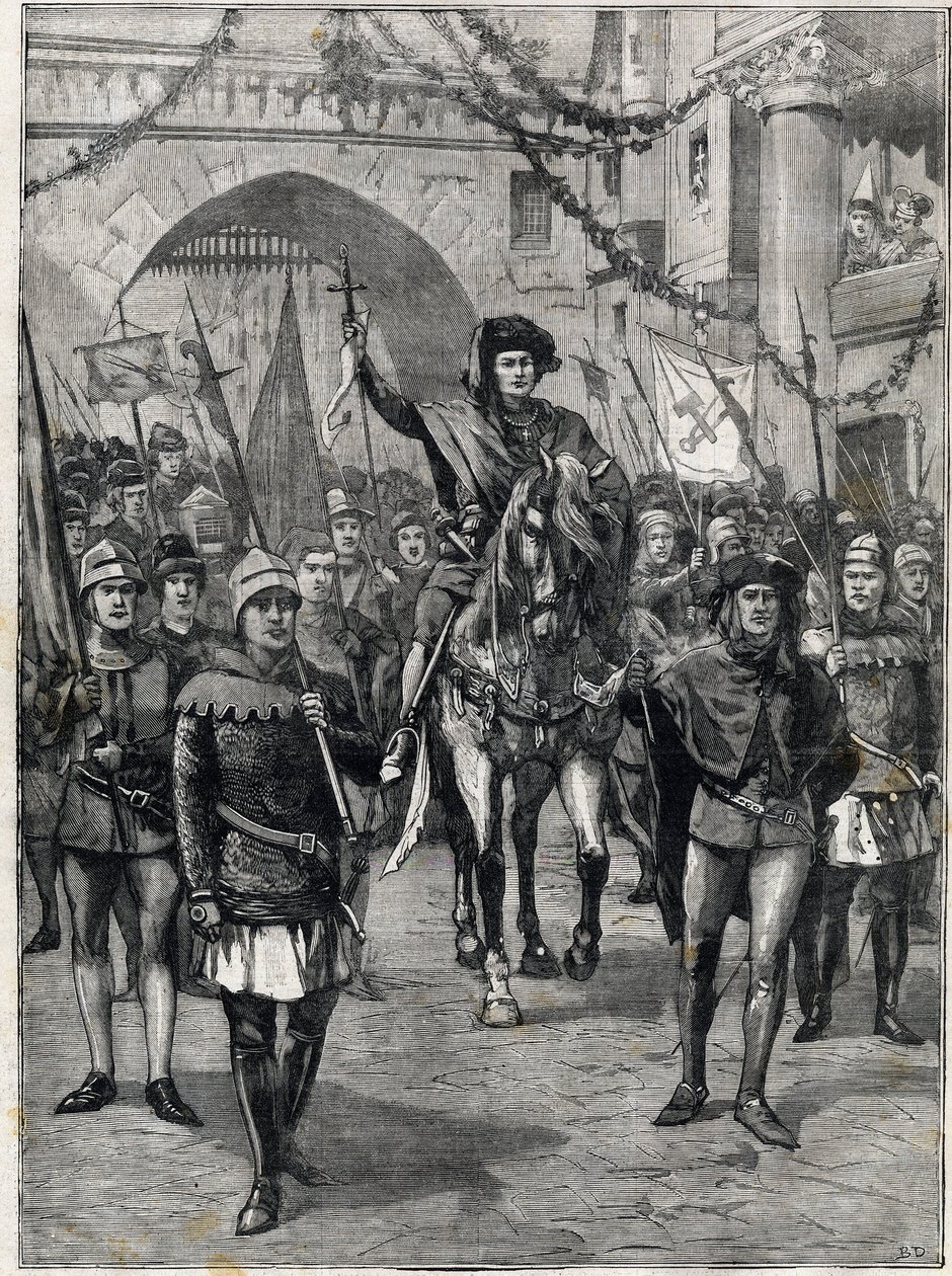 Kortesjen av selskaper på 1300-tallet: The prevot of the merchants of Paris. Gravering. I "" The Little Parisien"", 18.06.1899. Privat samling. av Anonymous Anonymous