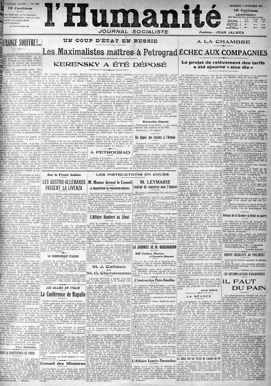 Kuppet i Russland på overskriftene til den sosialistiske avisen "Humanity". Overskrifter:"" Mestermaksimalistene i Petrograd", "" Kerenskij ble deponert""" (Kerenski), 9.11.1917. av Anonymous Anonymous